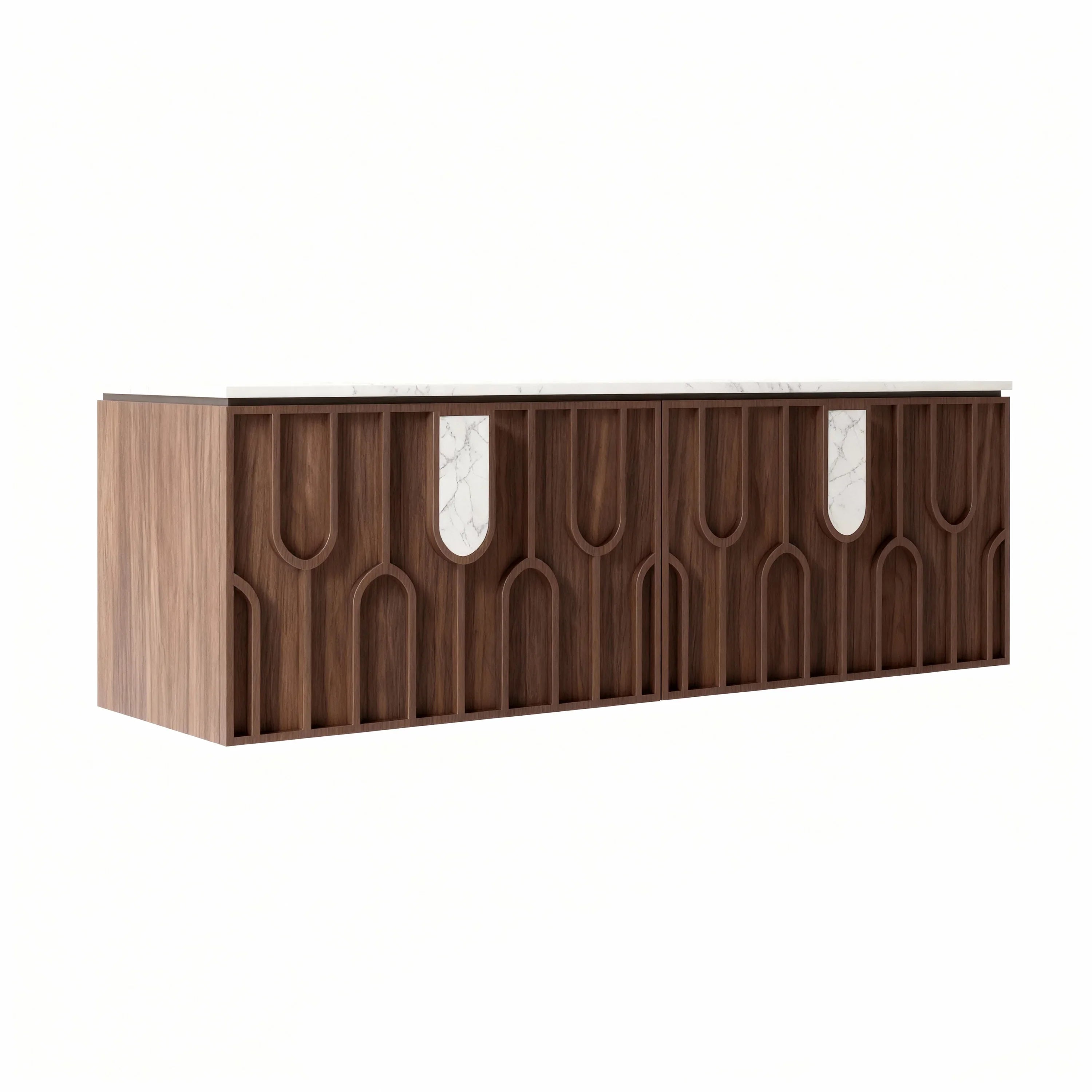 Belfort 60" Double Sink Walnut Vanity - White Carrera Marble Top