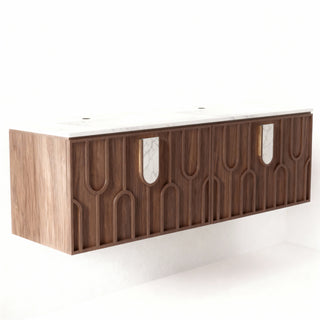 Meuble-lavabo double vasque Belfort 60 po en noyer - Plan de travail en marbre blanc de Carrare