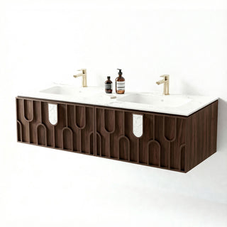 Meuble-lavabo double vasque Belfort 60 po en noyer - Plan de travail en marbre blanc de Carrare