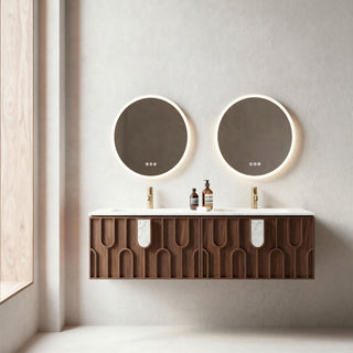 Meuble-lavabo double vasque Belfort 60 po en noyer - Plan de travail en marbre blanc de Carrare