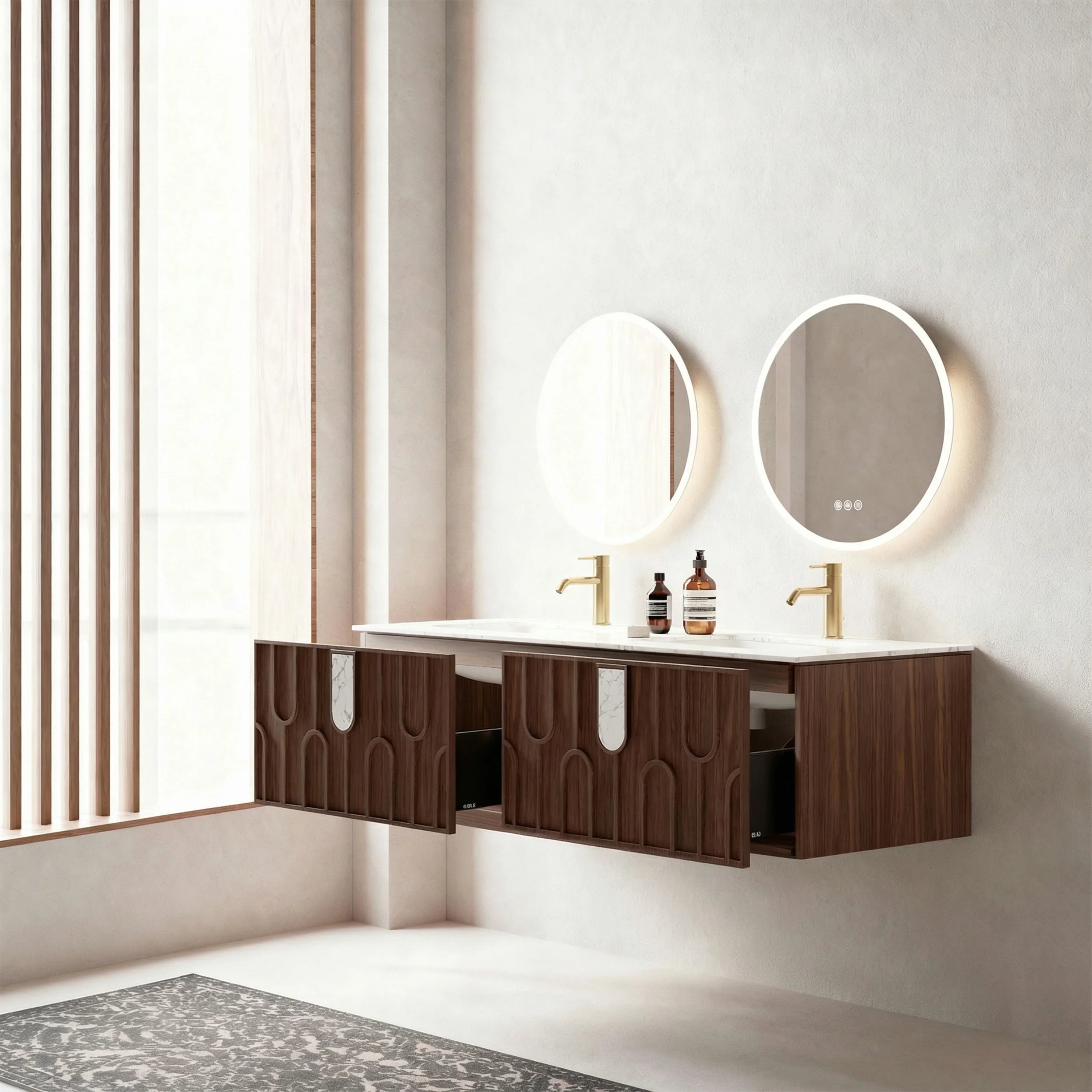 Belfort 60" Double Sink Walnut Vanity - White Carrera Marble Top