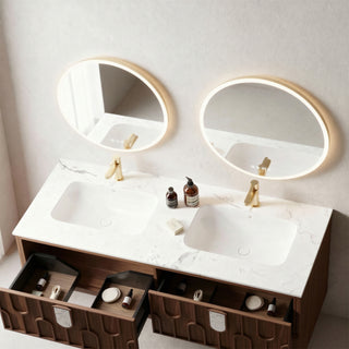 Meuble-lavabo double vasque Belfort 60 po en noyer - Plan de travail en marbre blanc de Carrare