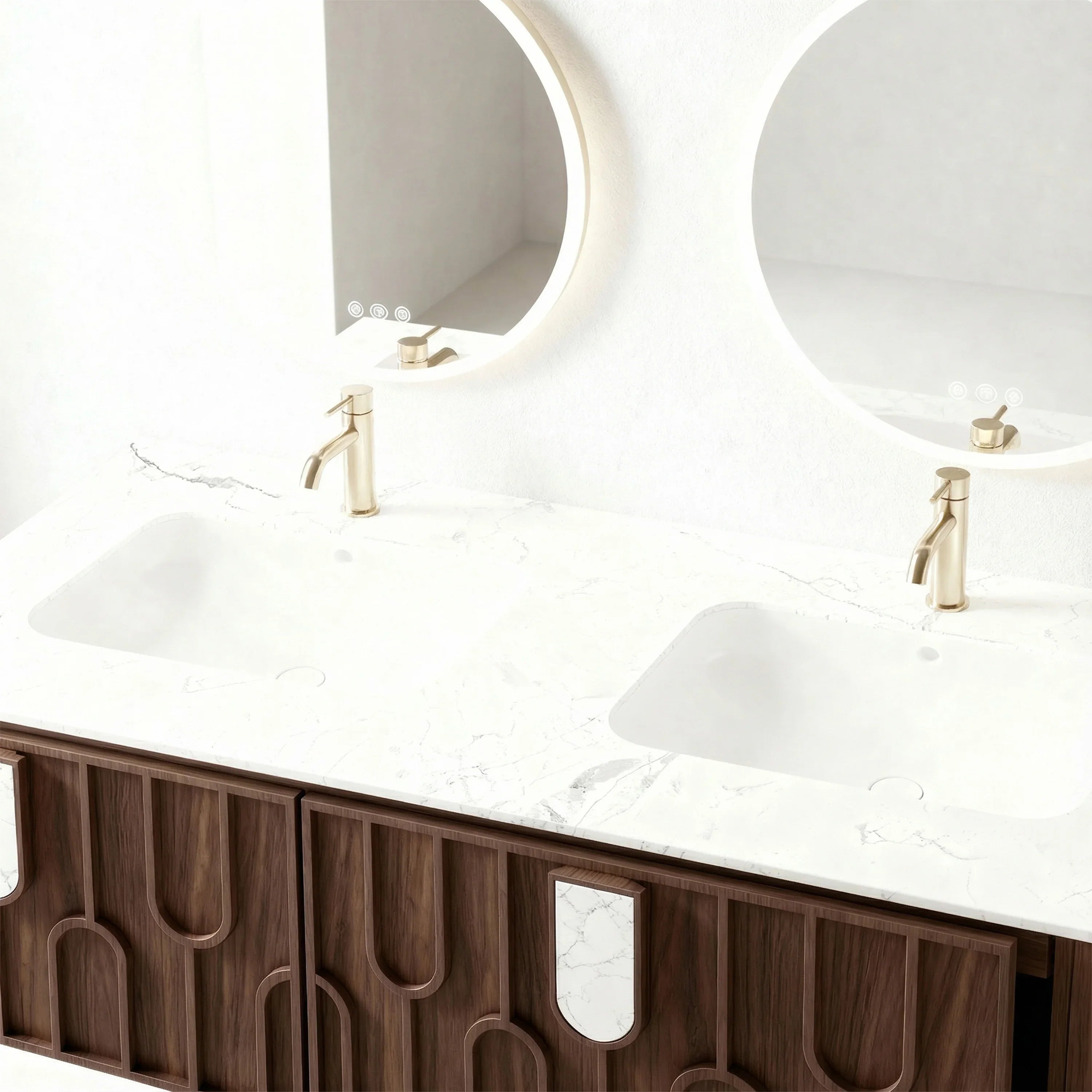 Belfort 60" Double Sink Walnut Vanity - White Carrera Marble Top