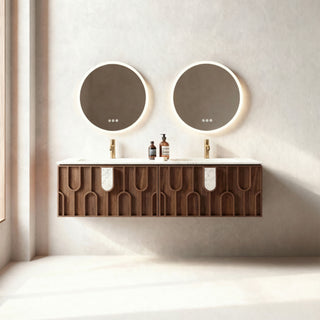 Meuble-lavabo double vasque Belfort 60 po en noyer - Plan de travail en marbre blanc de Carrare