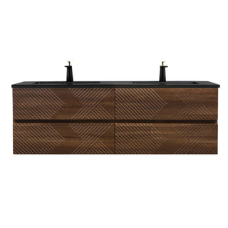 60" Walnut Wall Mount Double Sink Bathroom Vanity with Black Engineered Quartz Countertop