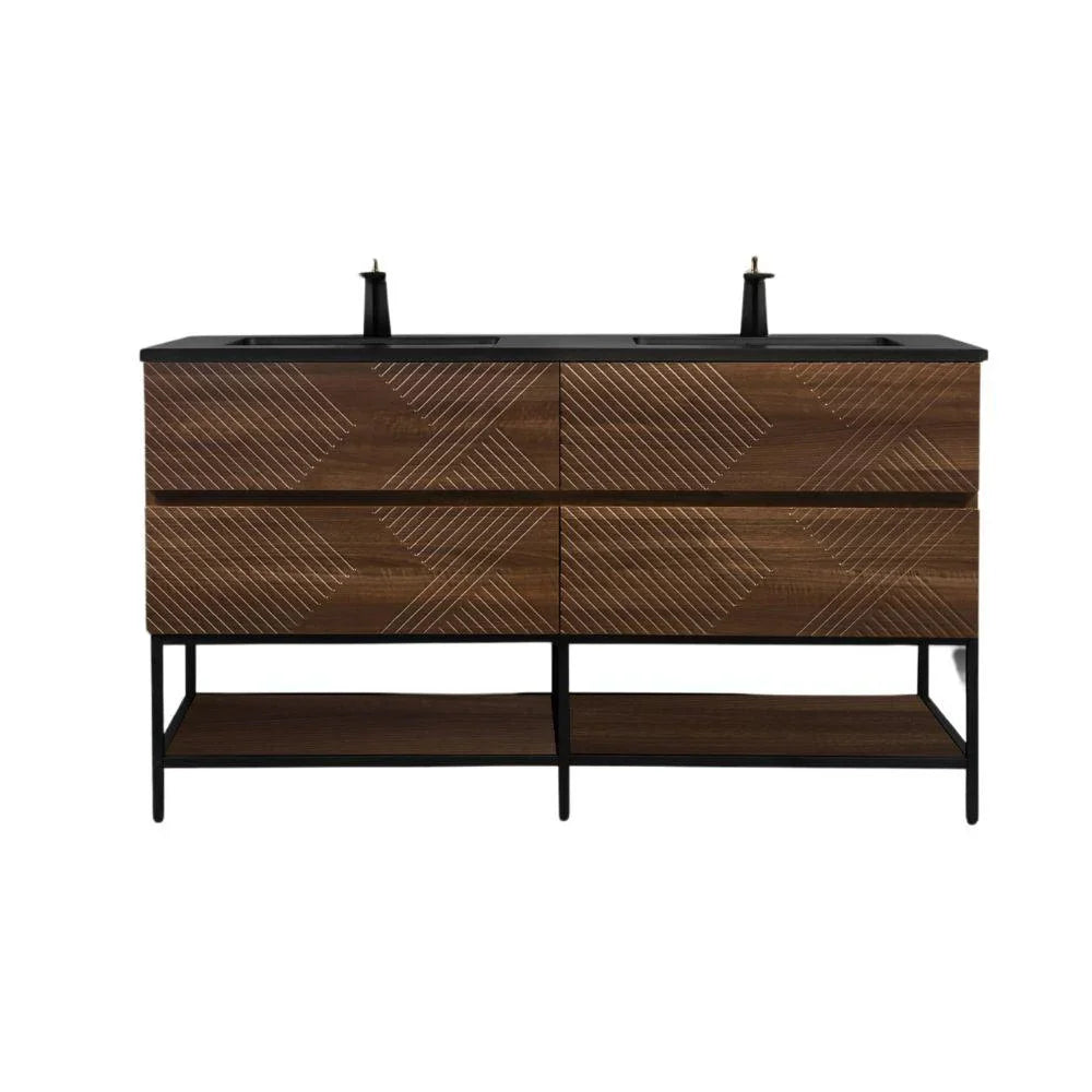 60" Walnut Wall Mount Double Sink Bathroom Vanity with Black Engineered Quartz Countertop