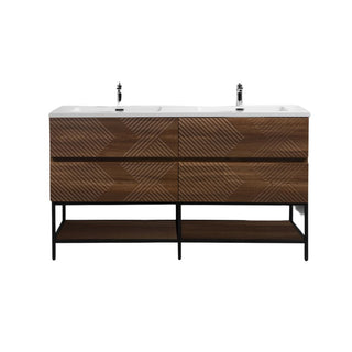 60" Walnut Wall Mount Double Sink Bathroom Vanity with White Polymarble Countertop