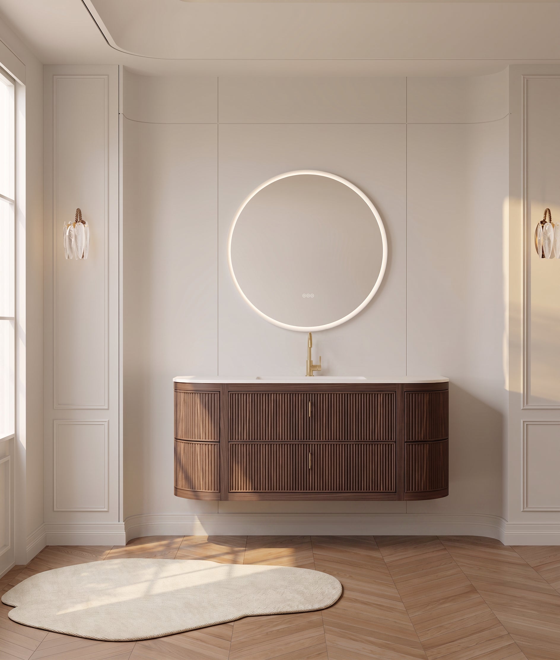 60" Walnut Curved Fluted Bathroom Vanity - Matte White Countertop