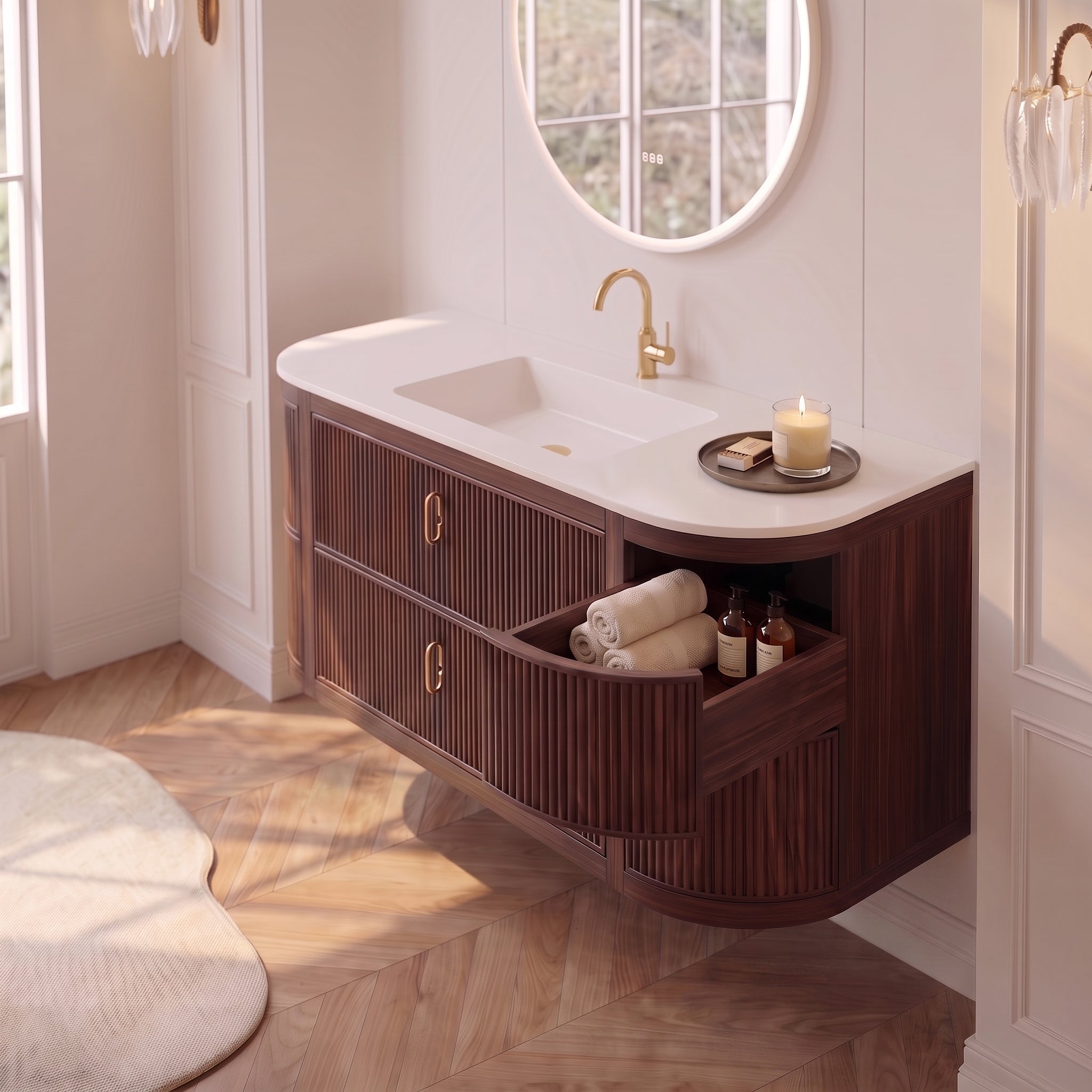 60" Walnut Curved Fluted Bathroom Vanity - Matte White Countertop