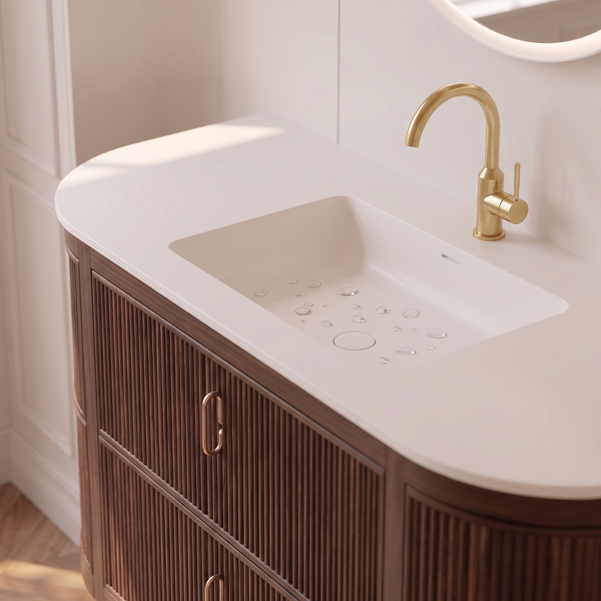 60" Walnut Curved Fluted Bathroom Vanity - Matte White Countertop