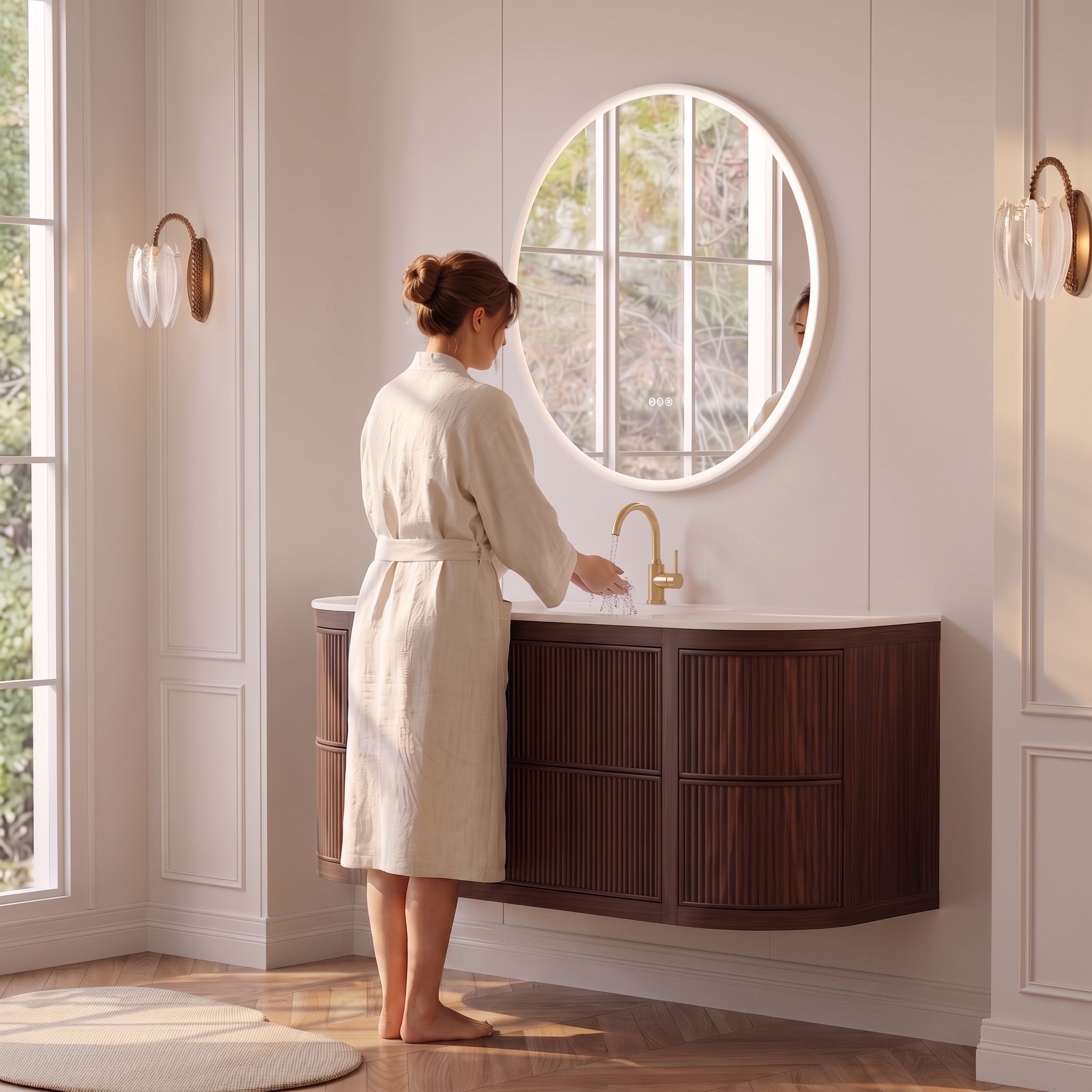 60" Walnut Curved Fluted Bathroom Vanity - Matte White Countertop