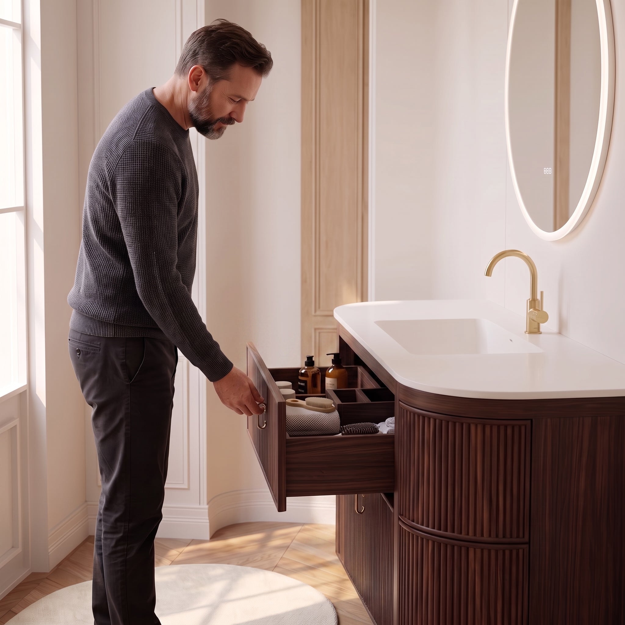 60" Walnut Curved Fluted Bathroom Vanity - Matte White Countertop