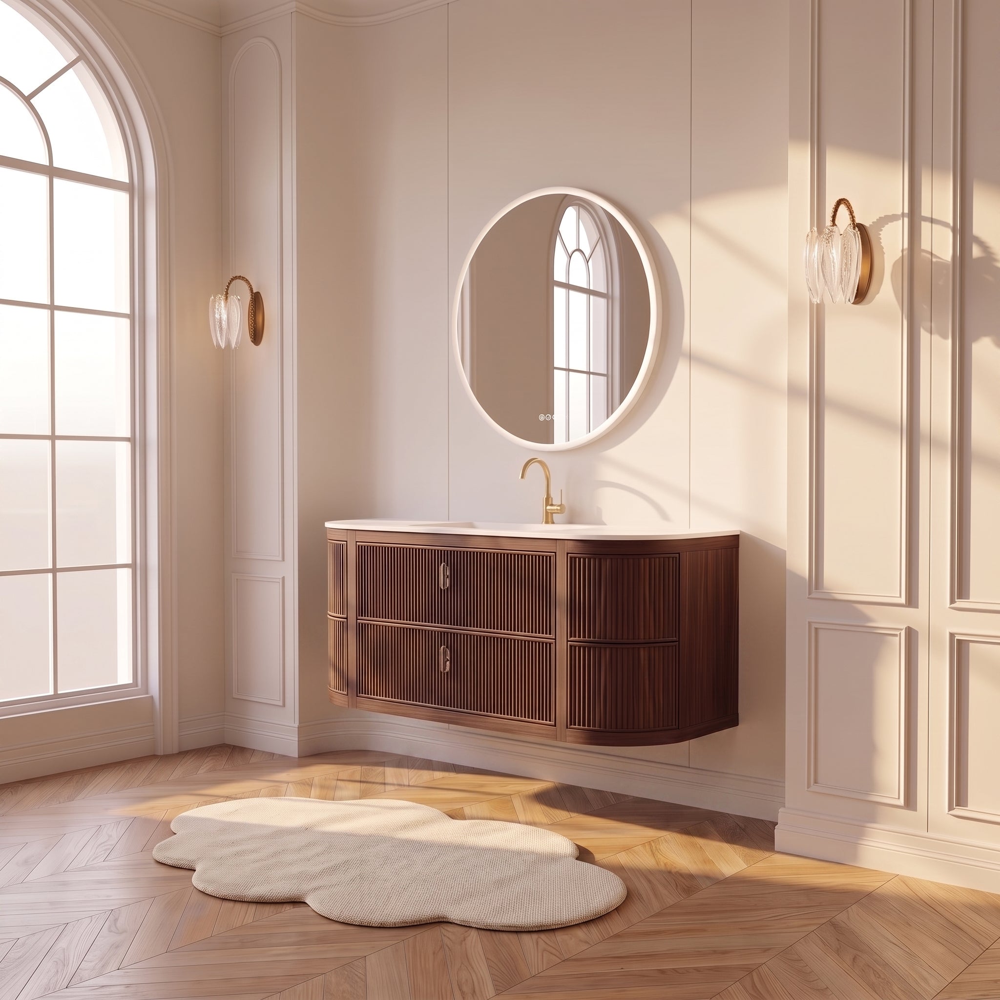 60" Walnut Curved Fluted Bathroom Vanity - Matte White Countertop