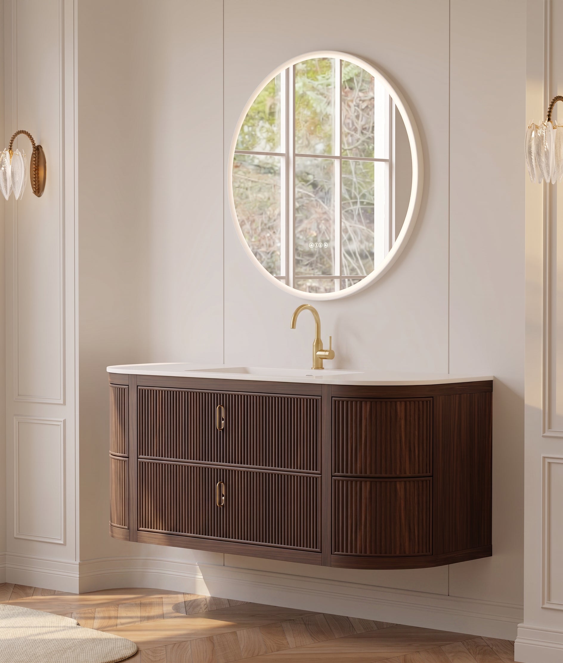 60" Walnut Curved Fluted Bathroom Vanity - Matte White Countertop