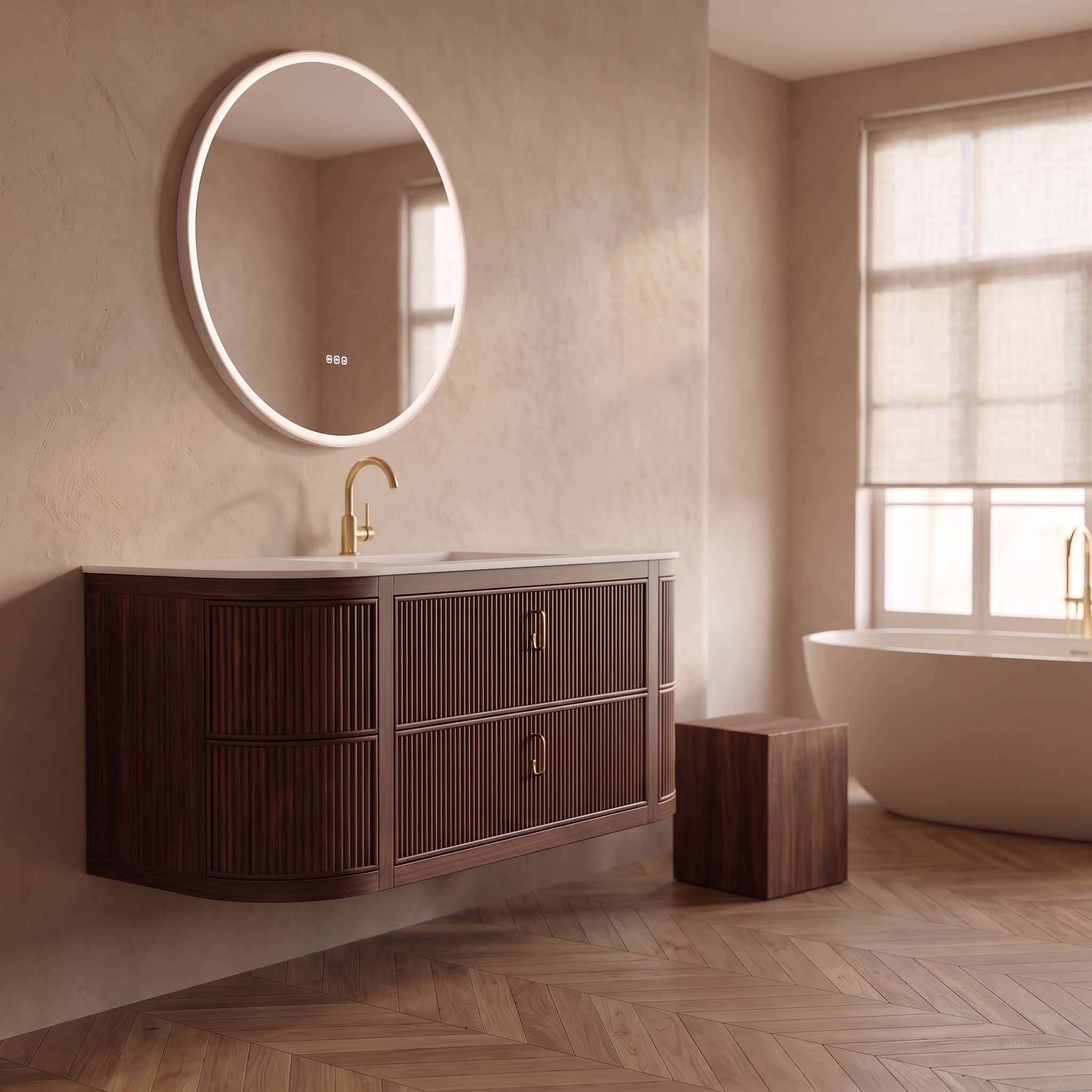 60" Walnut Curved Fluted Bathroom Vanity - Matte White Countertop