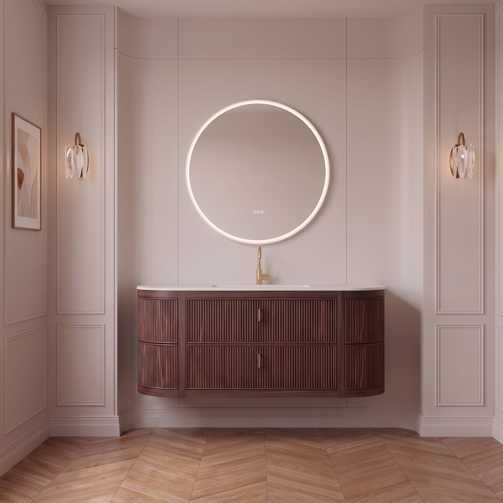 Meuble-lavabo de salle de bain cannelé incurvé 60" en noyer - Comptoir blanc mat