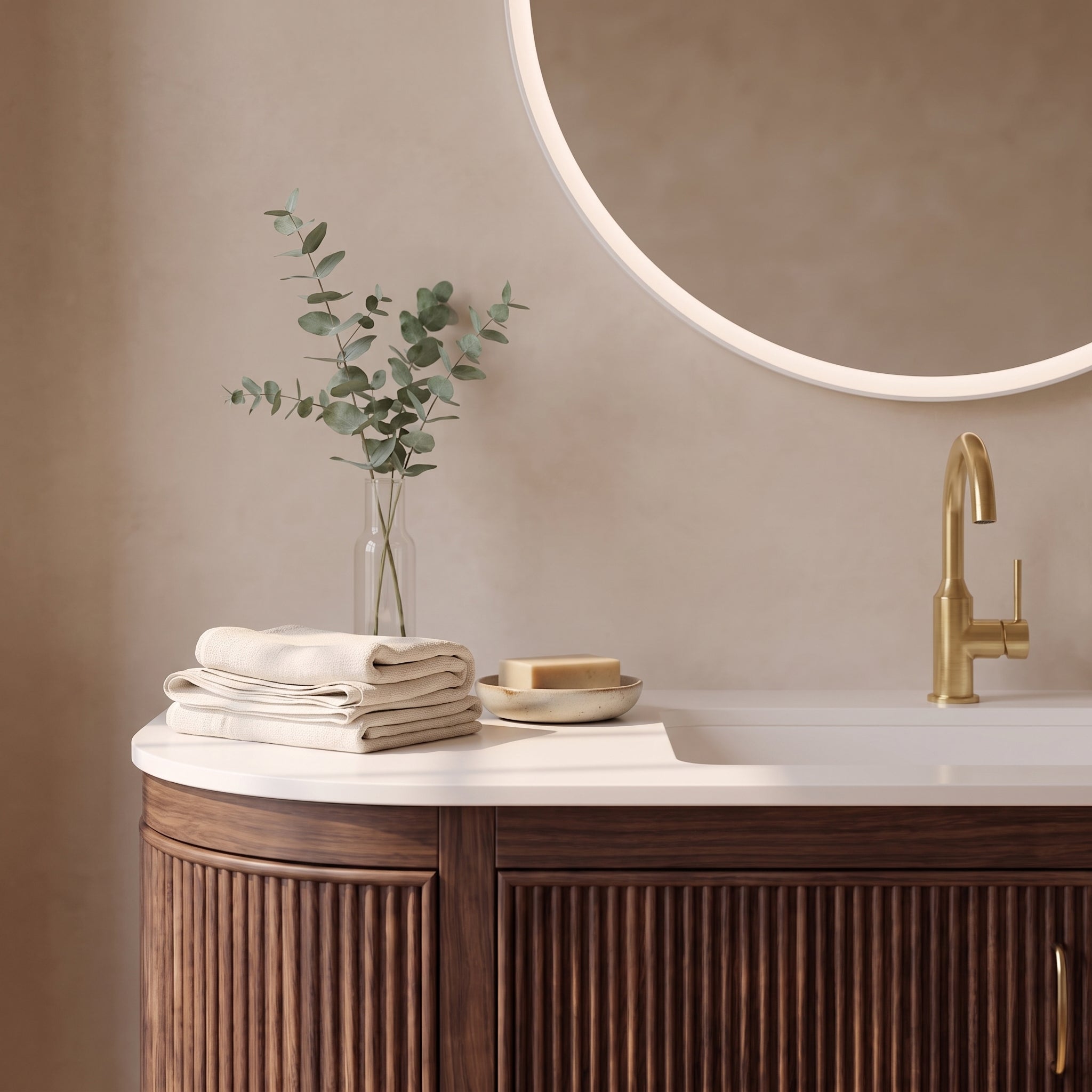 60" Walnut Curved Fluted Bathroom Vanity - Matte White Countertop
