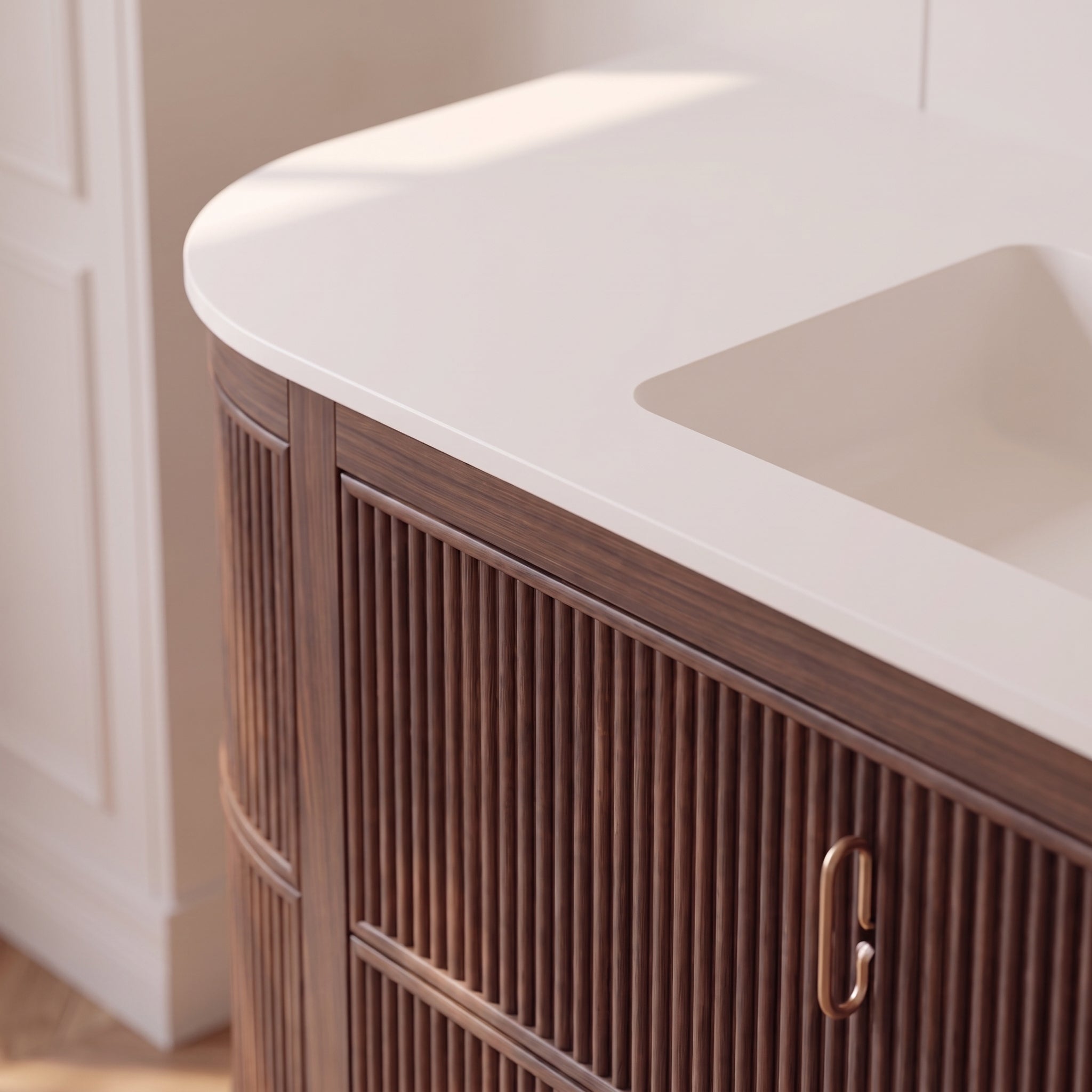 60" Walnut Curved Fluted Bathroom Vanity - Matte White Countertop