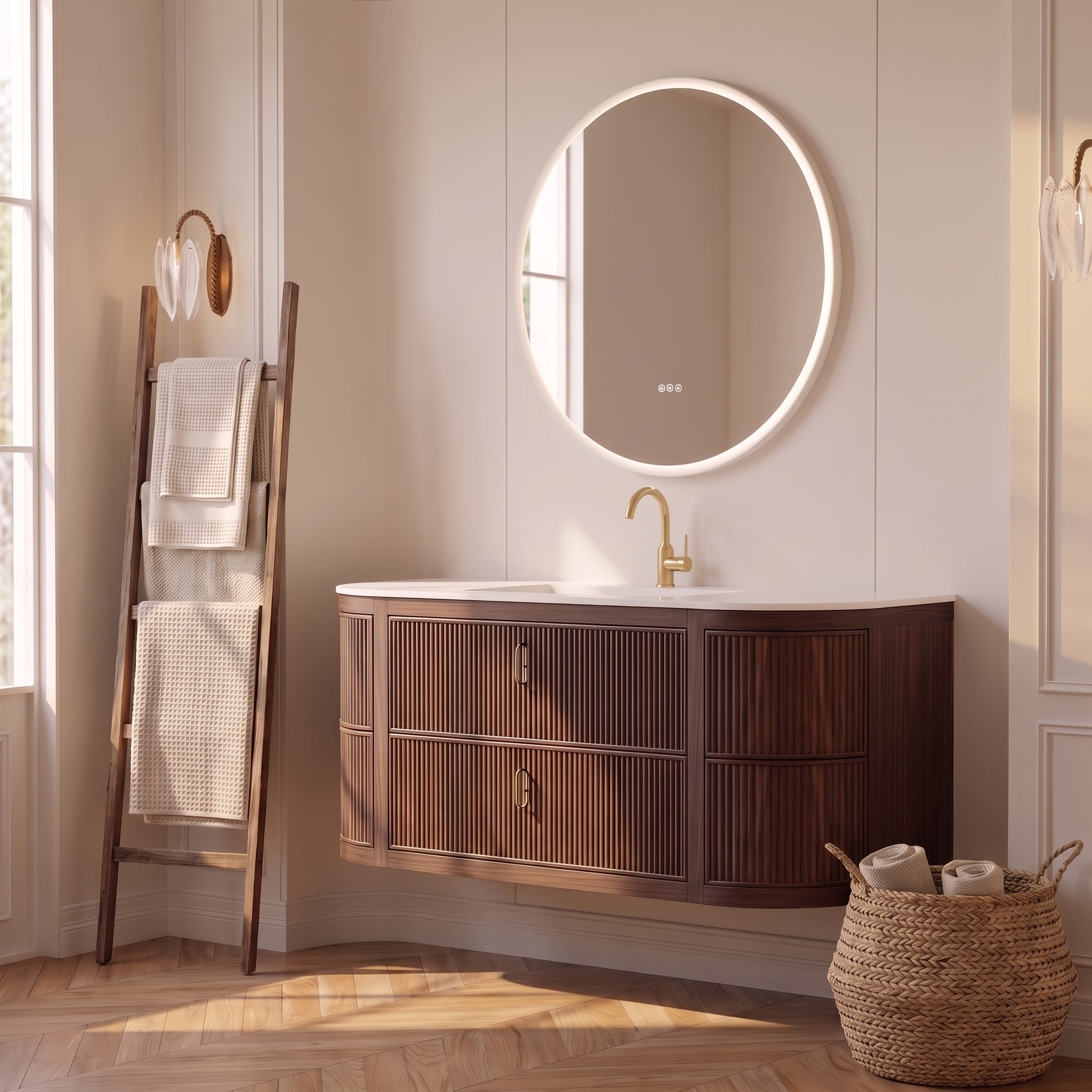 60" Walnut Curved Fluted Bathroom Vanity - Matte White Countertop