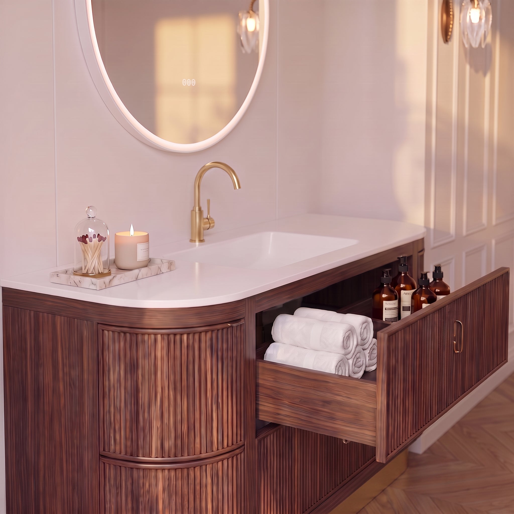 60" Walnut Curved Fluted Bathroom Vanity - Matte White Countertop