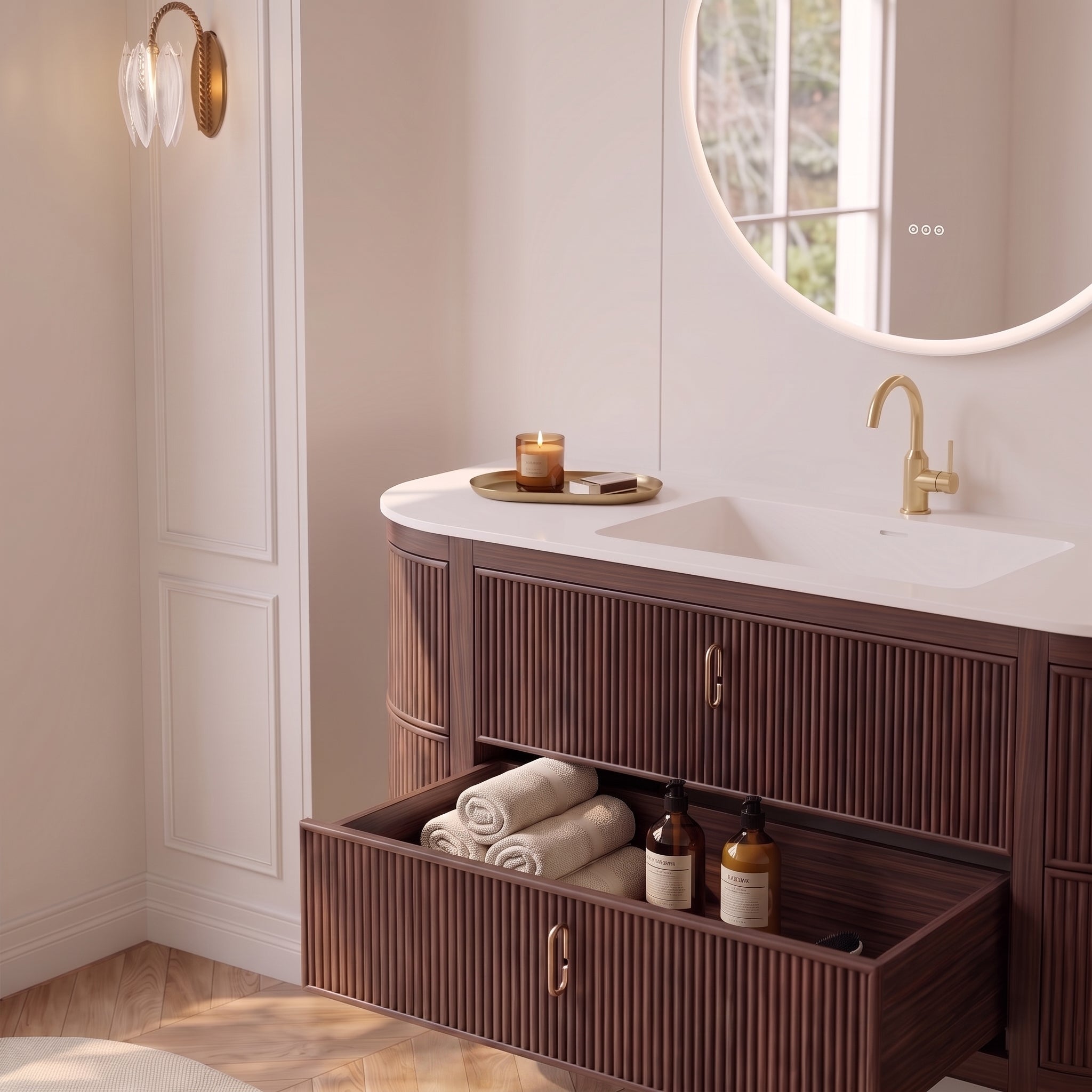 60" Walnut Curved Fluted Bathroom Vanity - Matte White Countertop