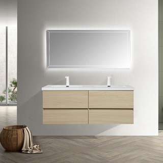 60" Wheat Wall Mount Double Sink Bathroom Vanity with White Polymarble Countertop