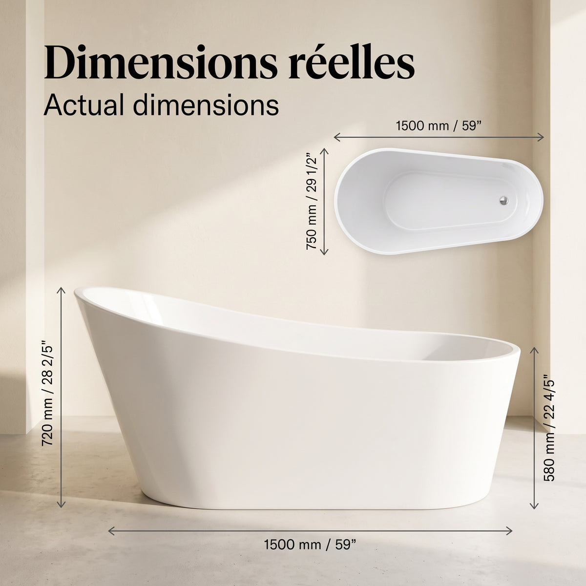Baignoire autoportante Aria 60 po - Acrylique blanc lustré