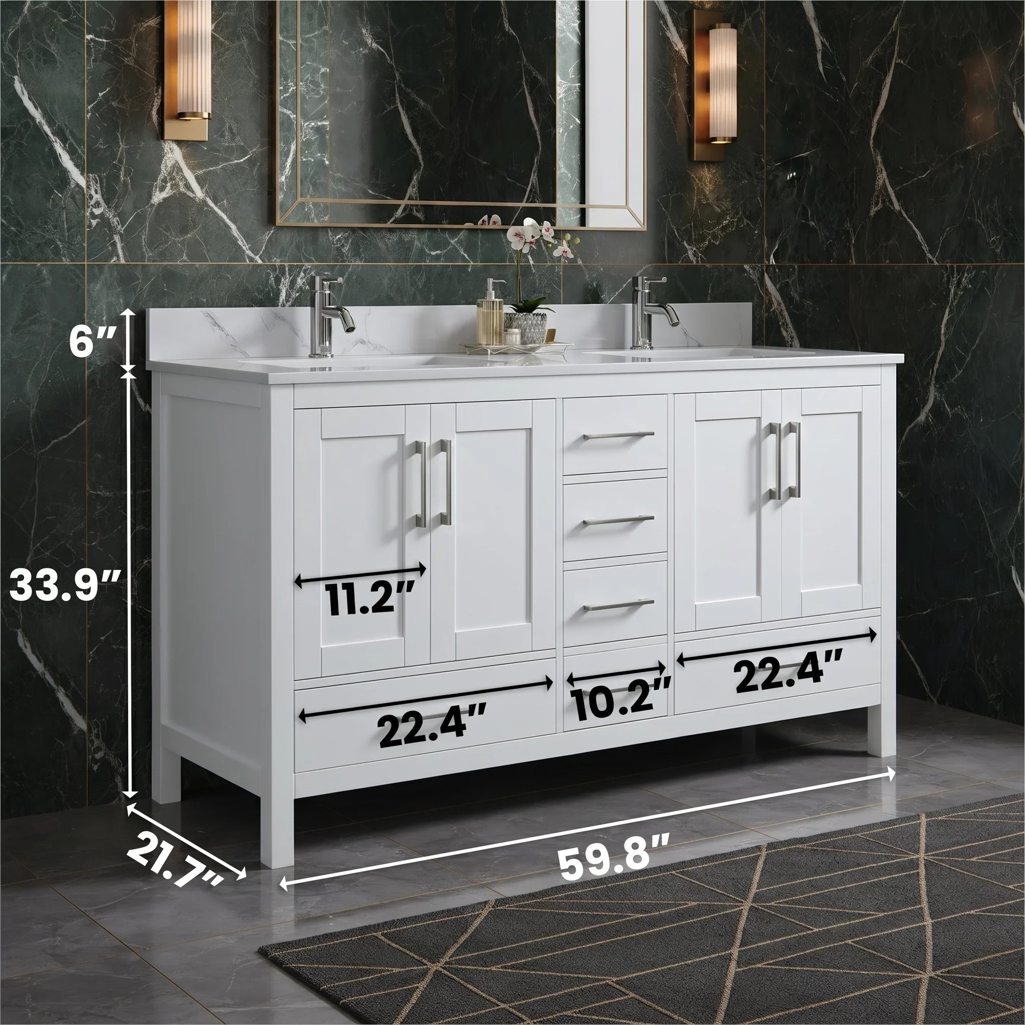 Meuble-Lavabo Autoportant 60po Blanc avec Comptoir de Marbre Ingénierie Calcutta