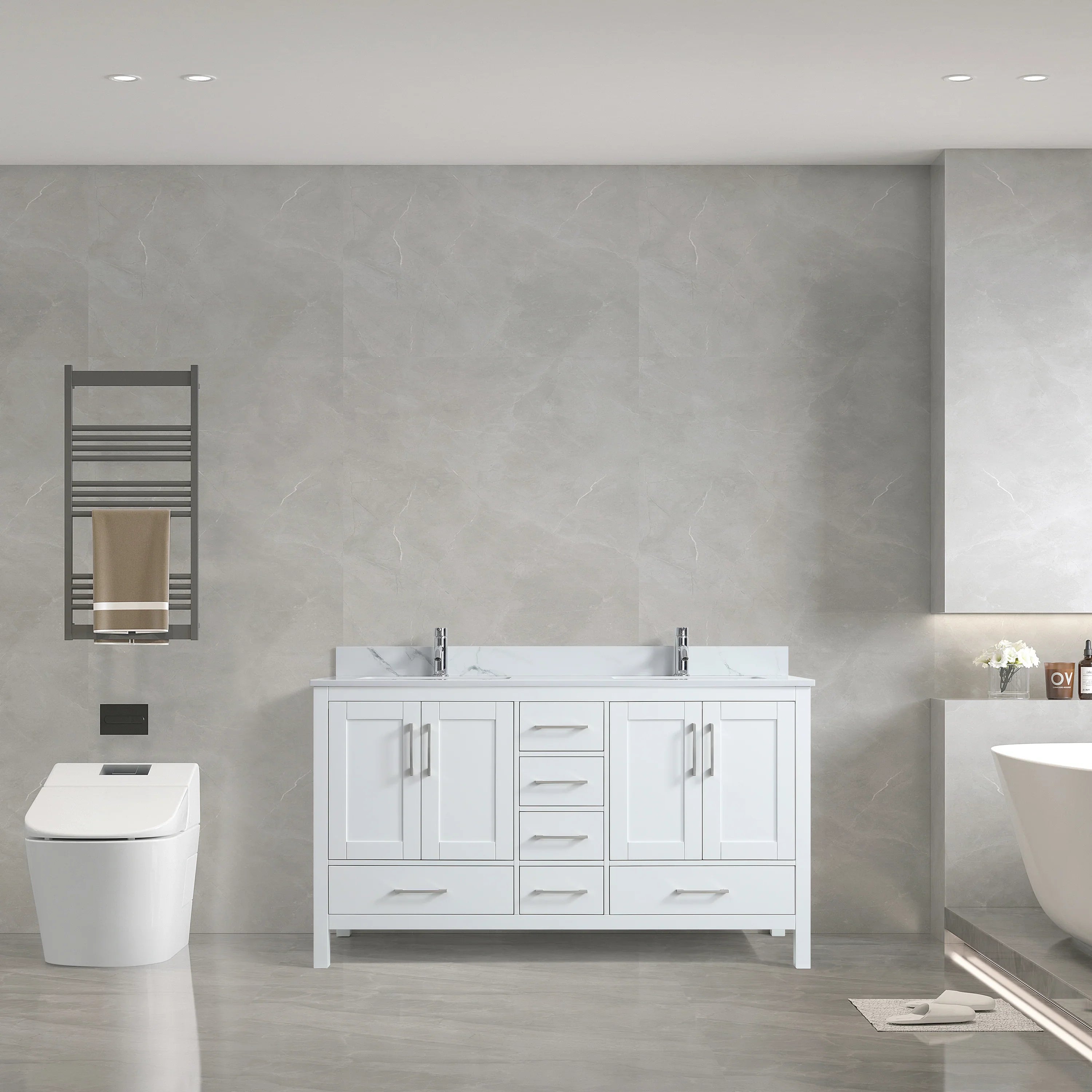 Meuble-Lavabo Autoportant 60po Blanc avec Comptoir de Marbre Ingénierie Calcutta