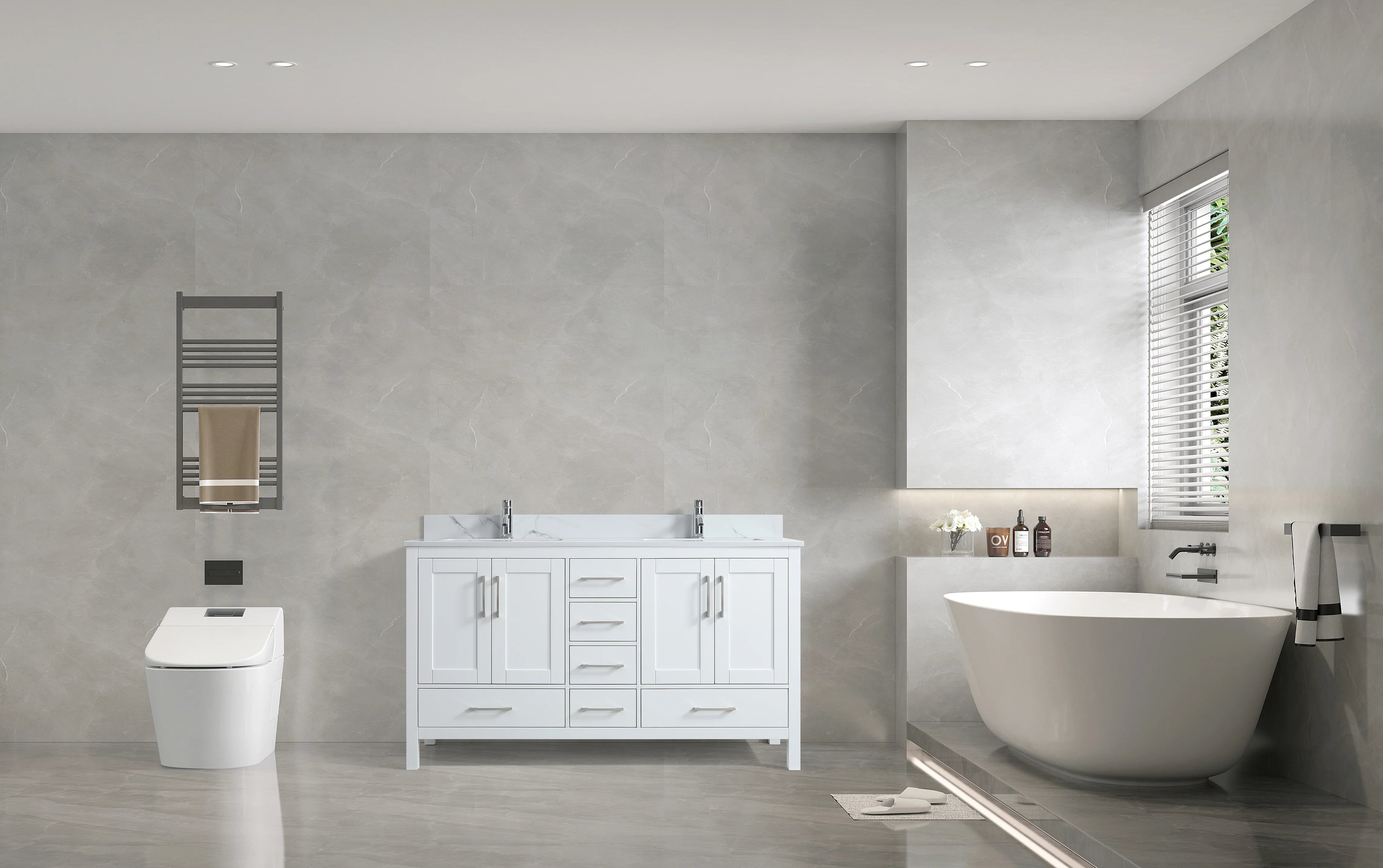 Meuble-Lavabo Autoportant 60po Blanc avec Comptoir de Marbre Ingénierie Calcutta