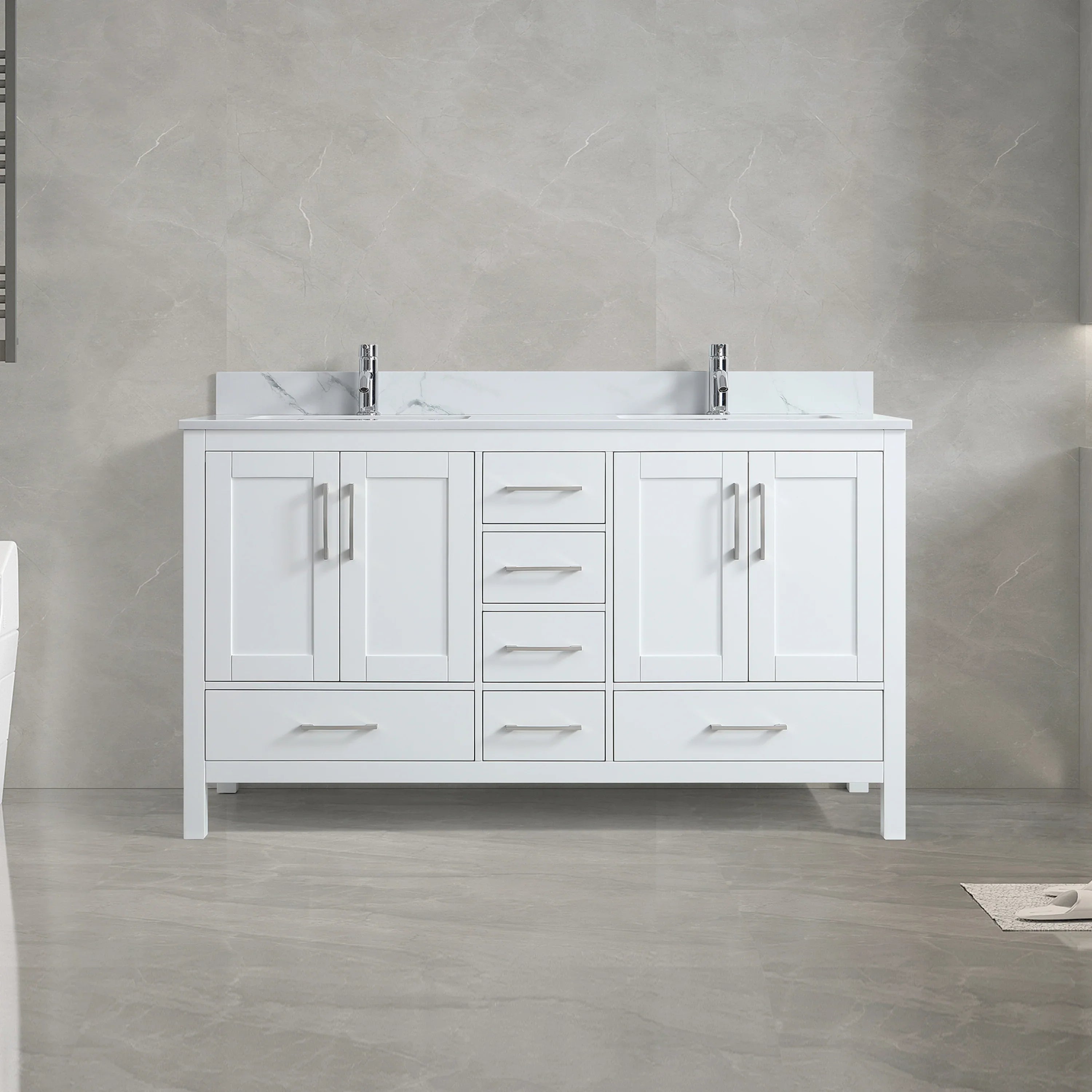 60" White Freestanding Double Sink Bathroom Vanity with Engineered Calcutta Marble Countertop