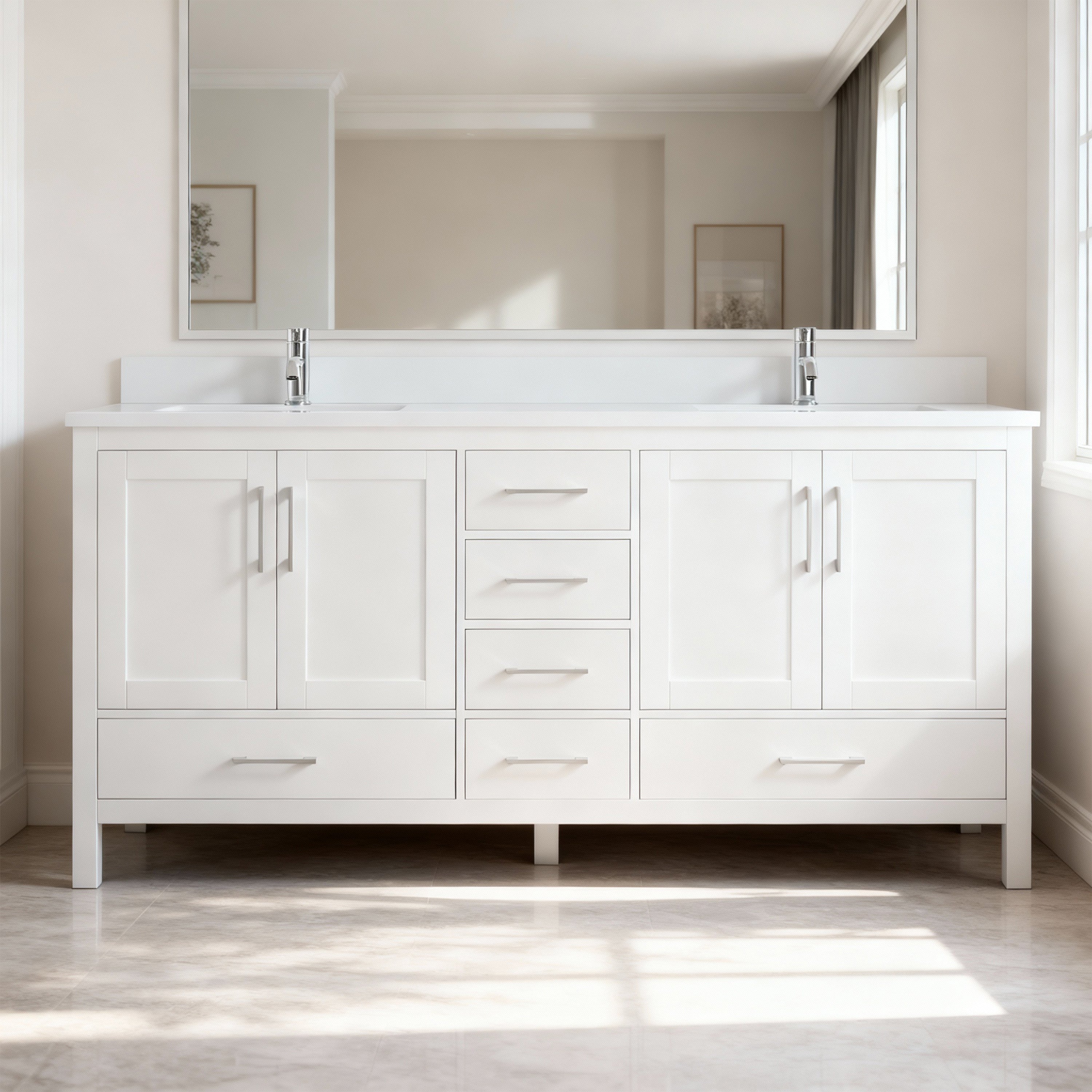 60" White Freestanding Double Sink Bathroom Vanity with Engineered White Marble Countertop