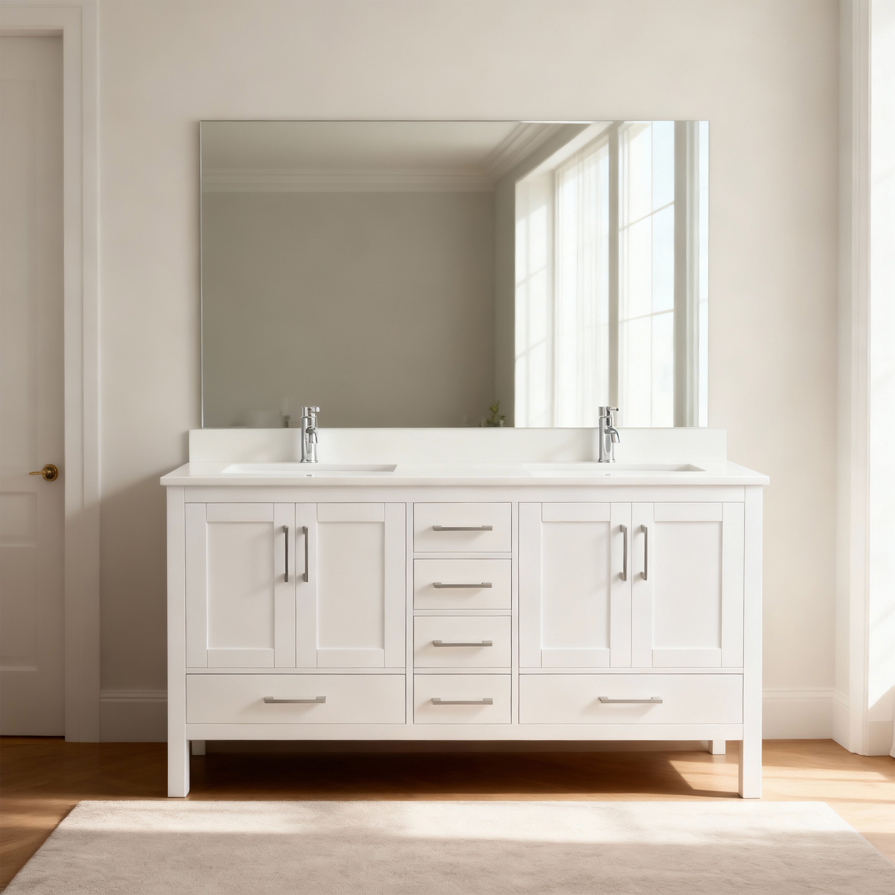 60" White Freestanding Double Sink Bathroom Vanity with Engineered White Marble Countertop