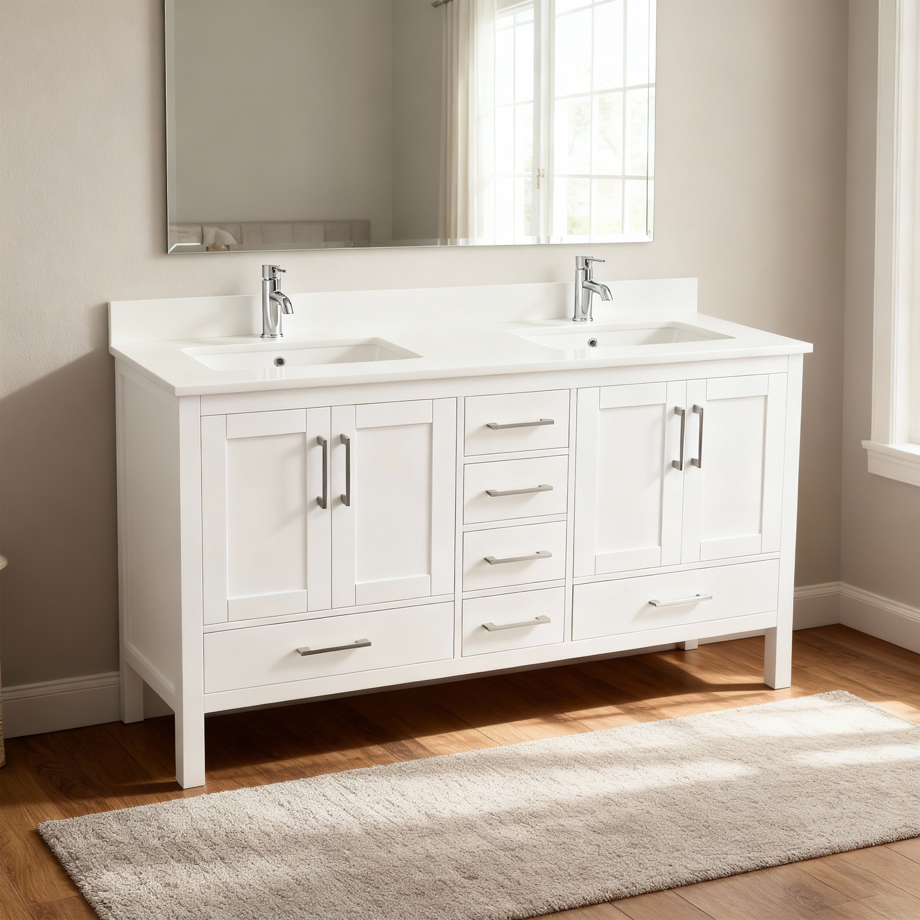 60" White Freestanding Double Sink Bathroom Vanity with Engineered White Marble Countertop