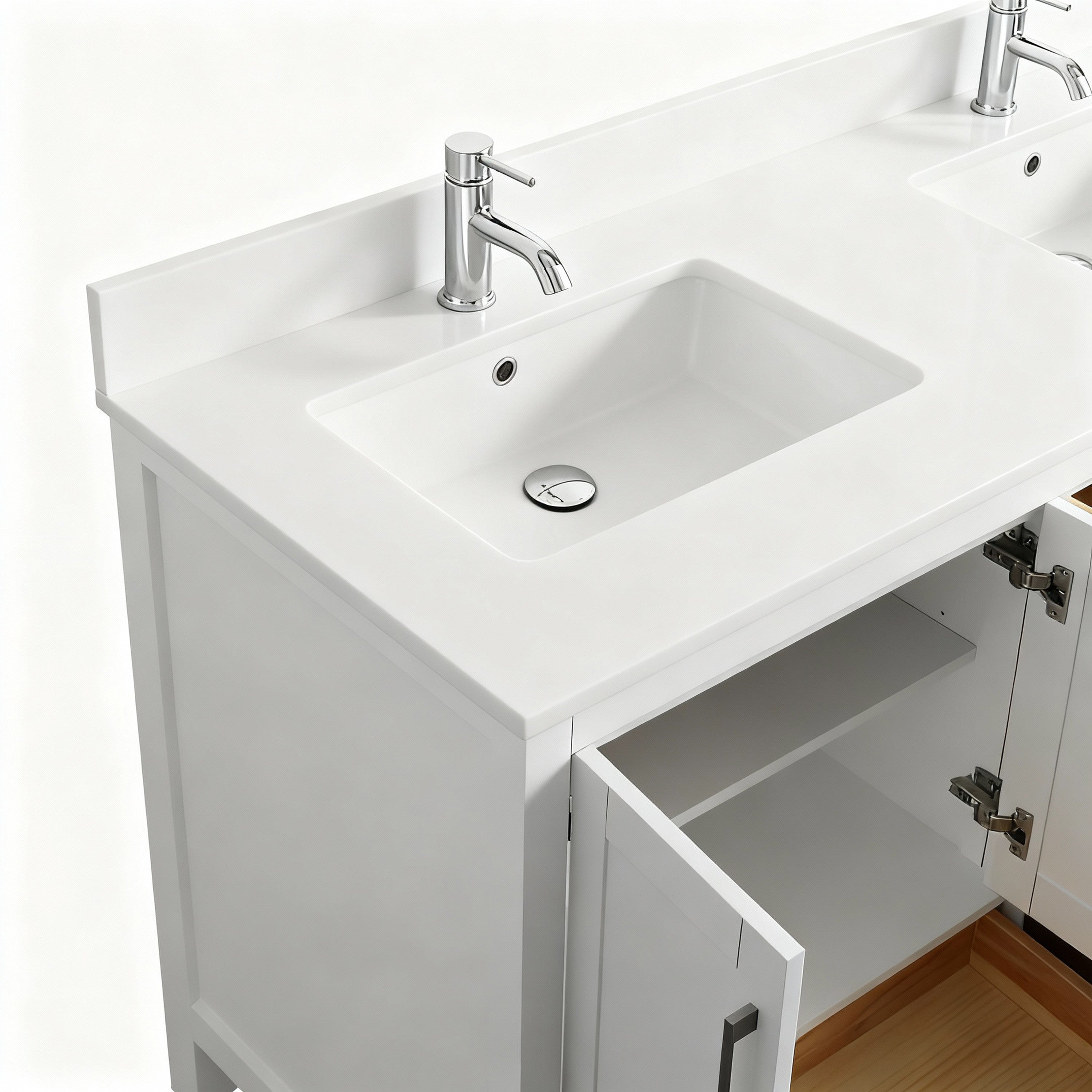 60" White Freestanding Double Sink Bathroom Vanity with Engineered White Marble Countertop