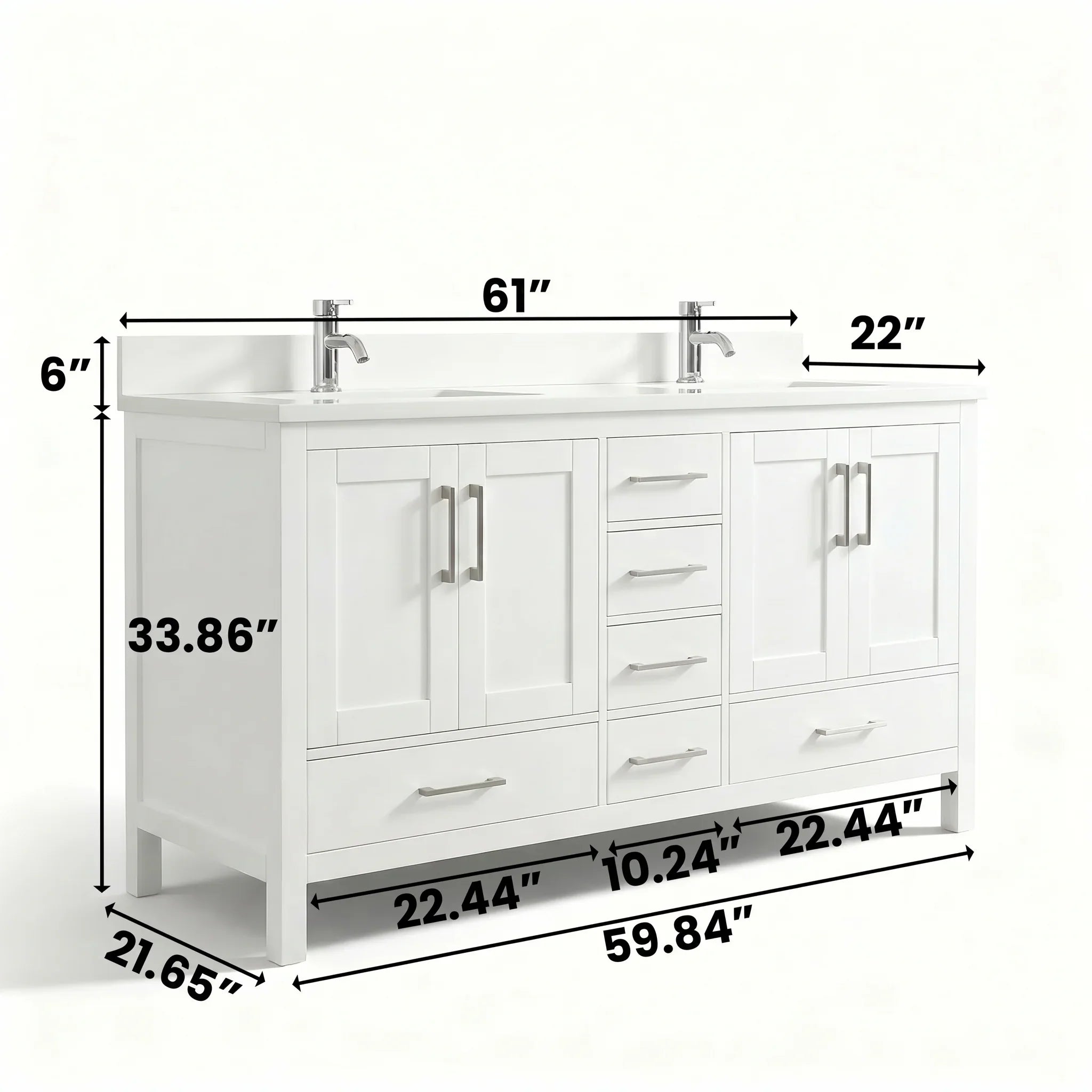 Meuble-lavabo double vasque autoportant blanc 60po avec comptoir en marbre blanc reconstitué