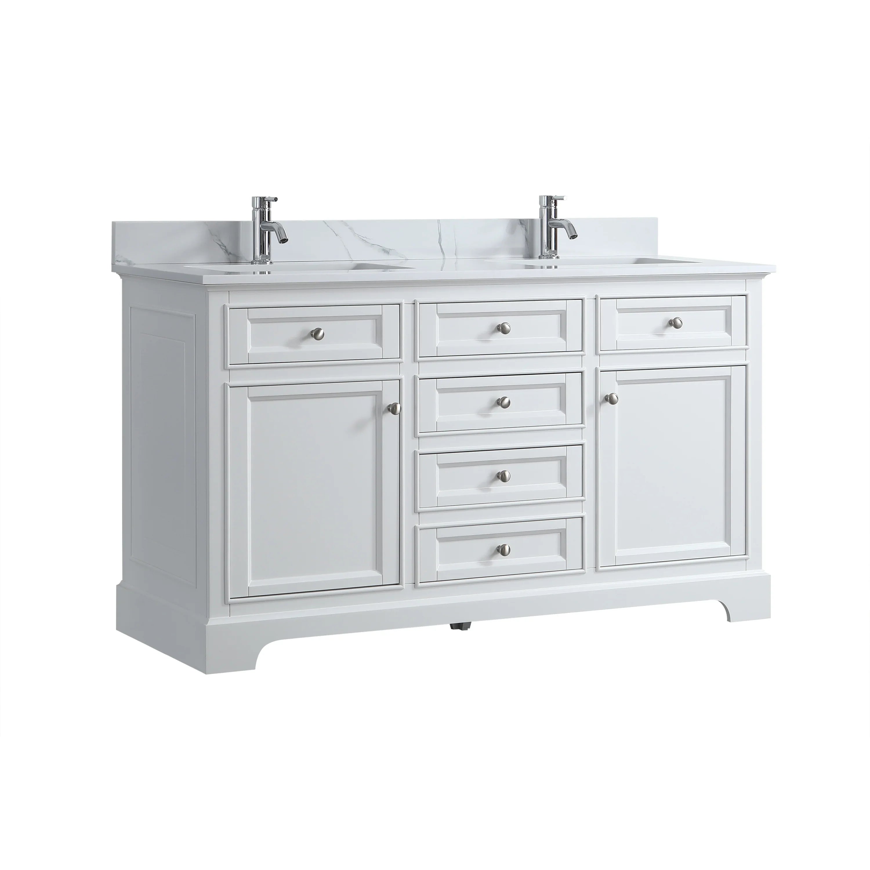 60" White Freestanding Double Sink Bathroom Vanity with Engineered Calcutta Marble Countertop