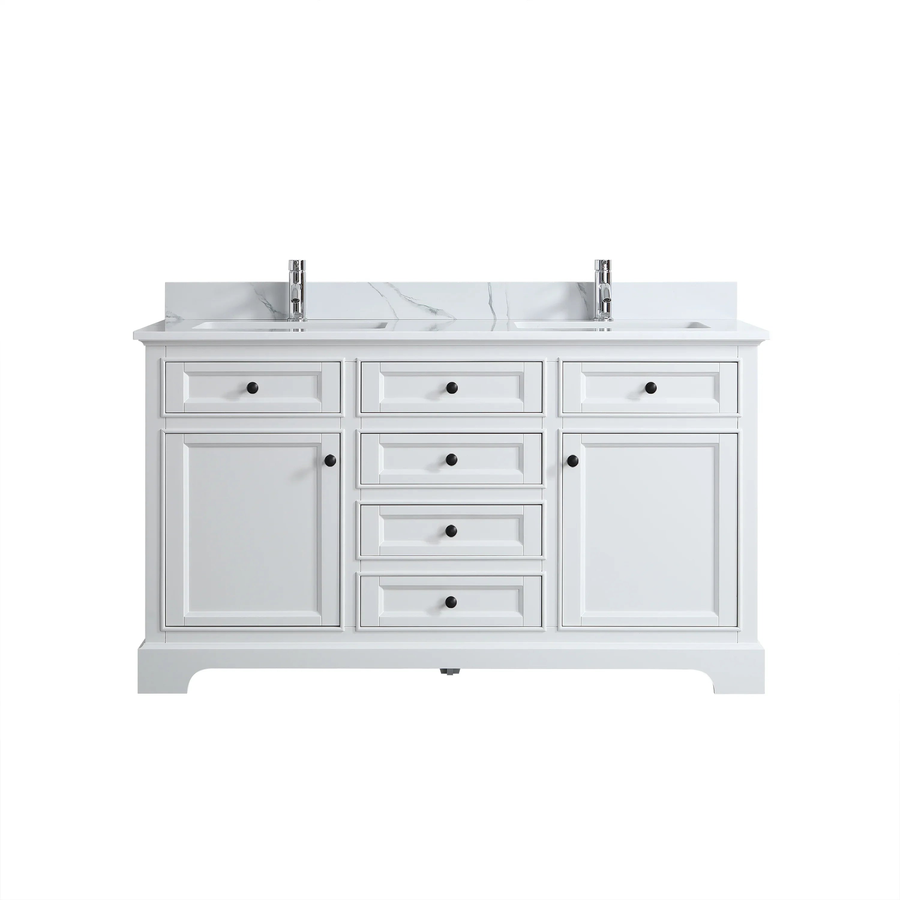 60" White Freestanding Double Sink Bathroom Vanity with Engineered Calcutta Marble Countertop