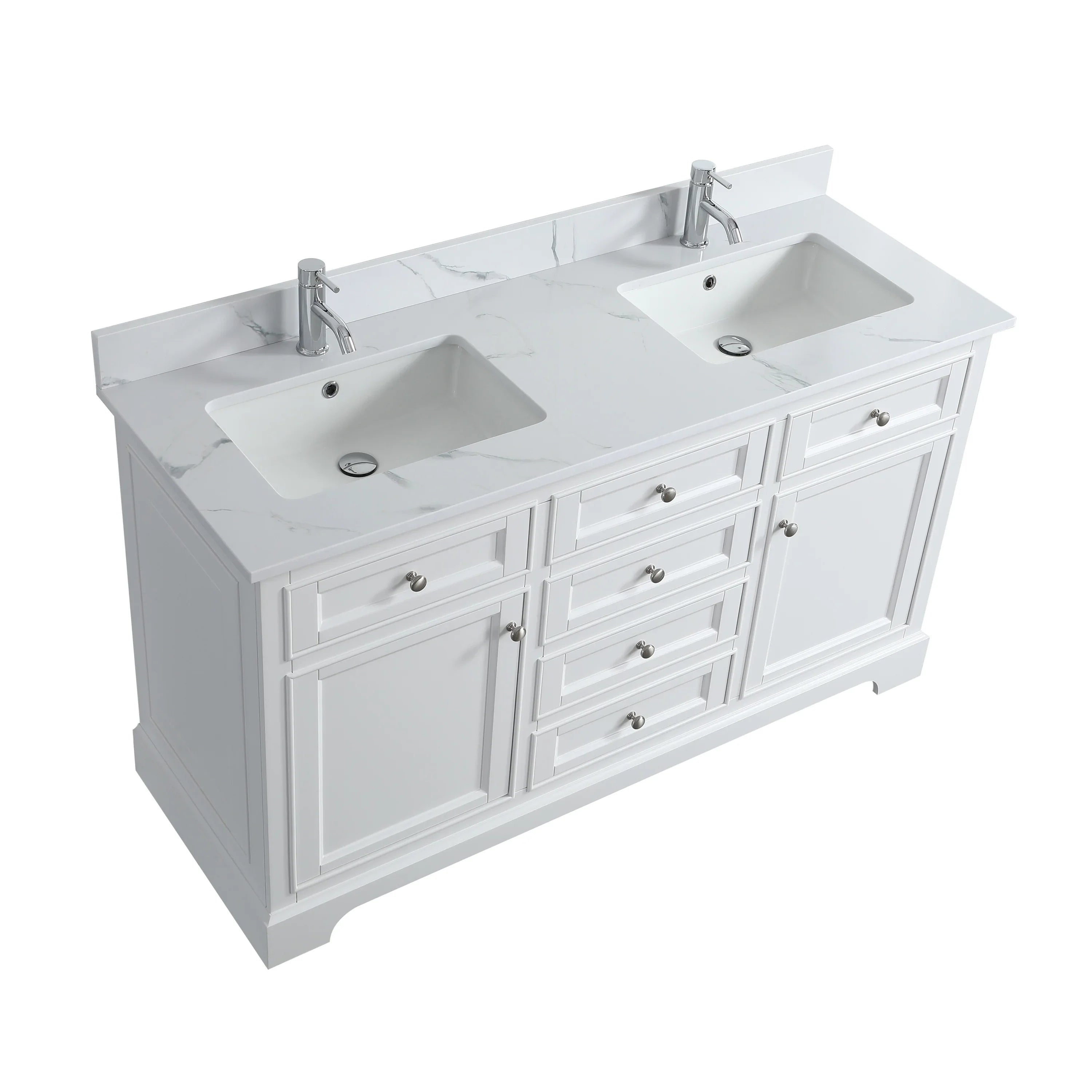 60" White Freestanding Double Sink Bathroom Vanity with Engineered Calcutta Marble Countertop