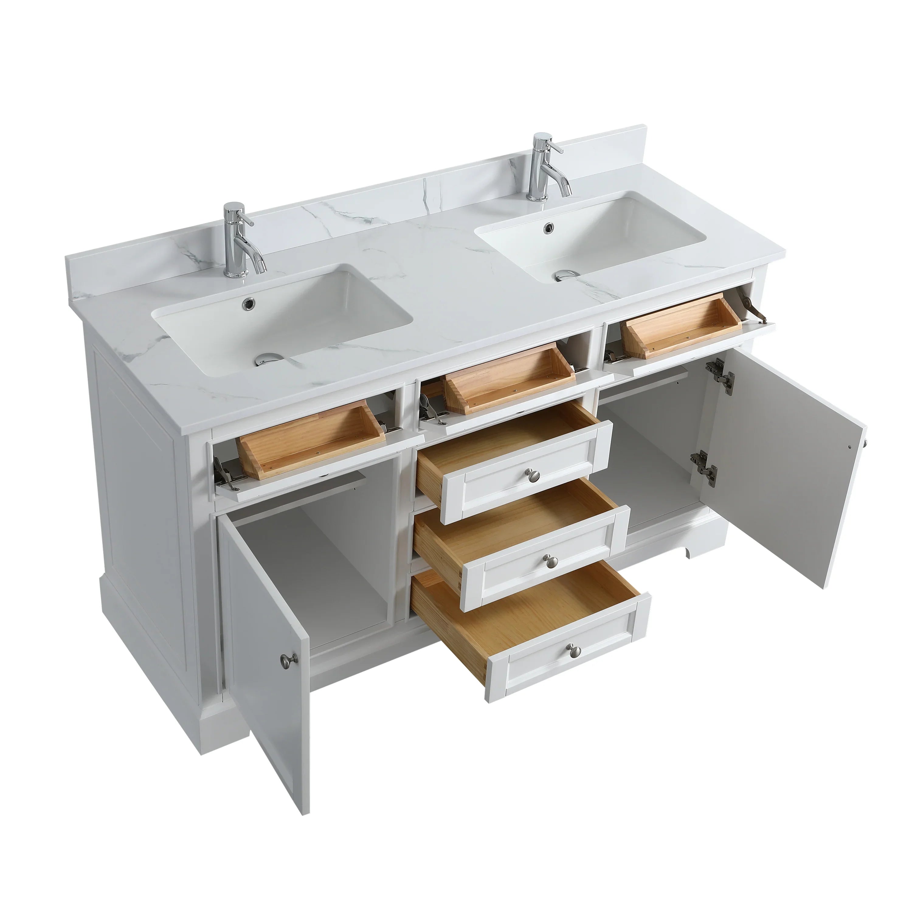 60" White Freestanding Double Sink Bathroom Vanity with Engineered Calcutta Marble Countertop