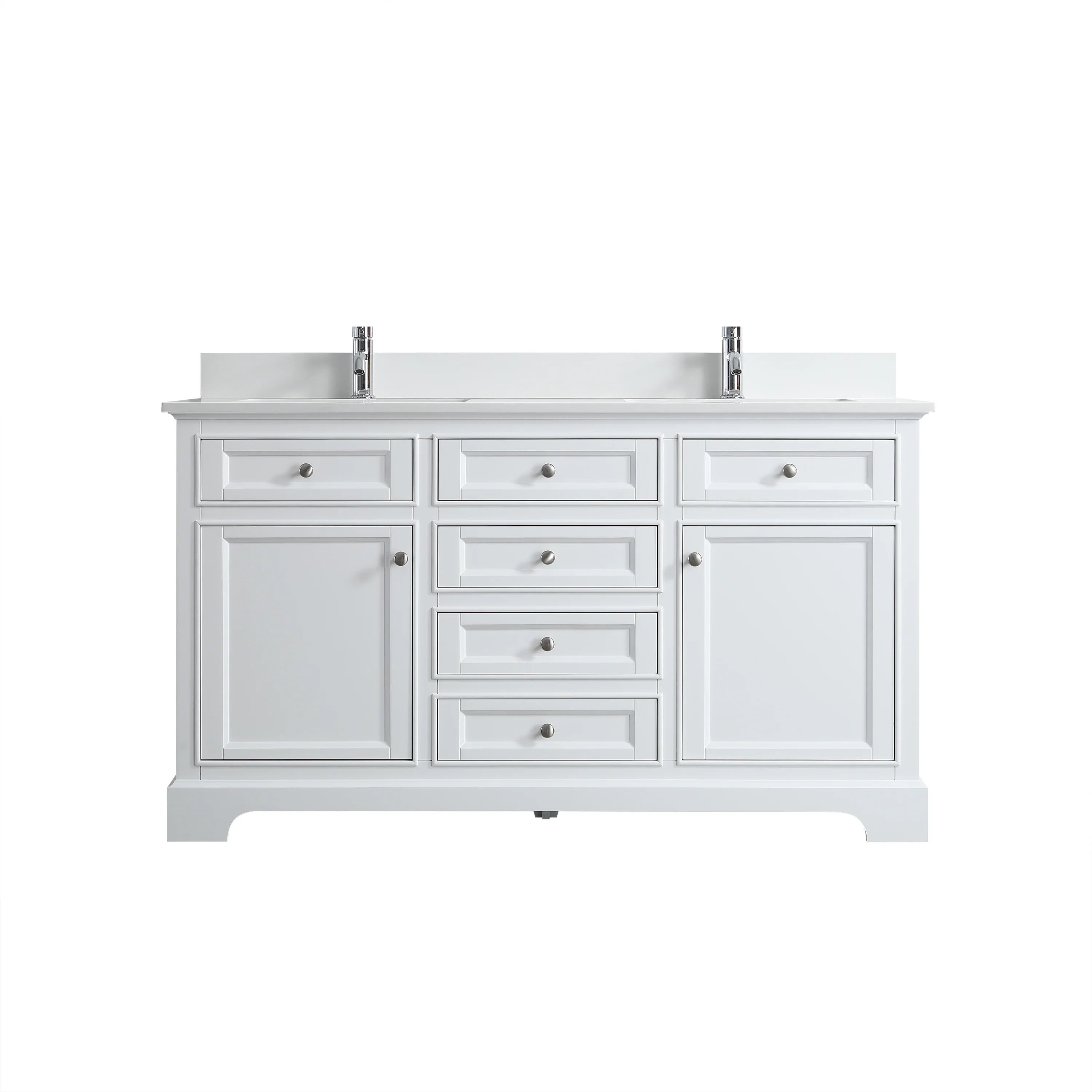 60" White Freestanding Double Sink Bathroom Vanity with Solid White Quartz Countertop