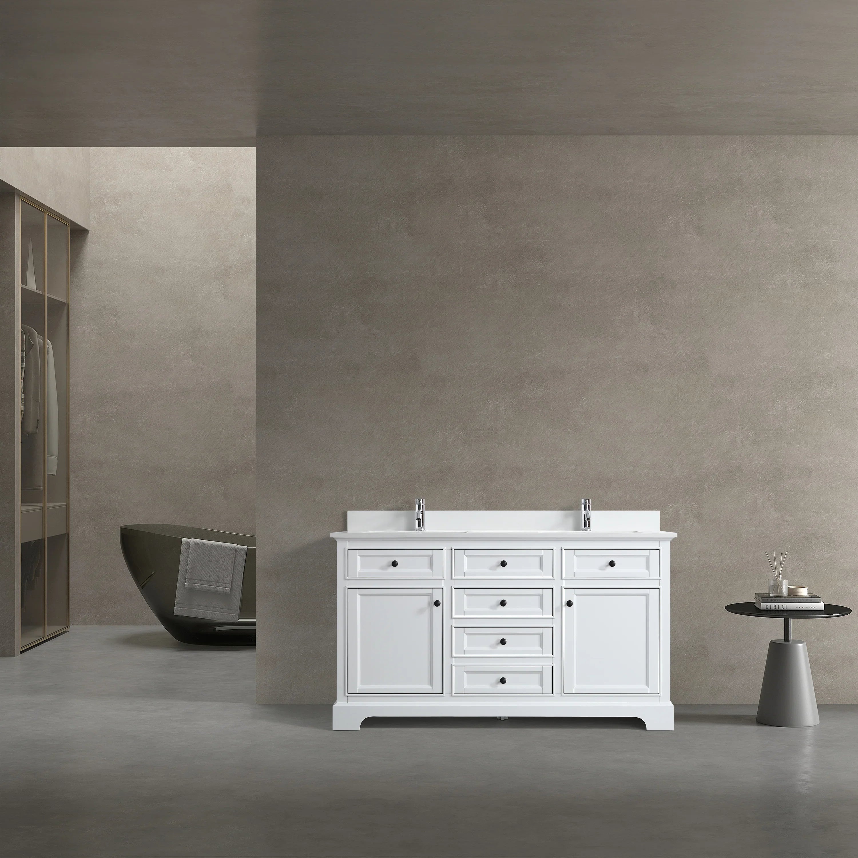 60" White Freestanding Double Sink Bathroom Vanity with Solid White Quartz Countertop