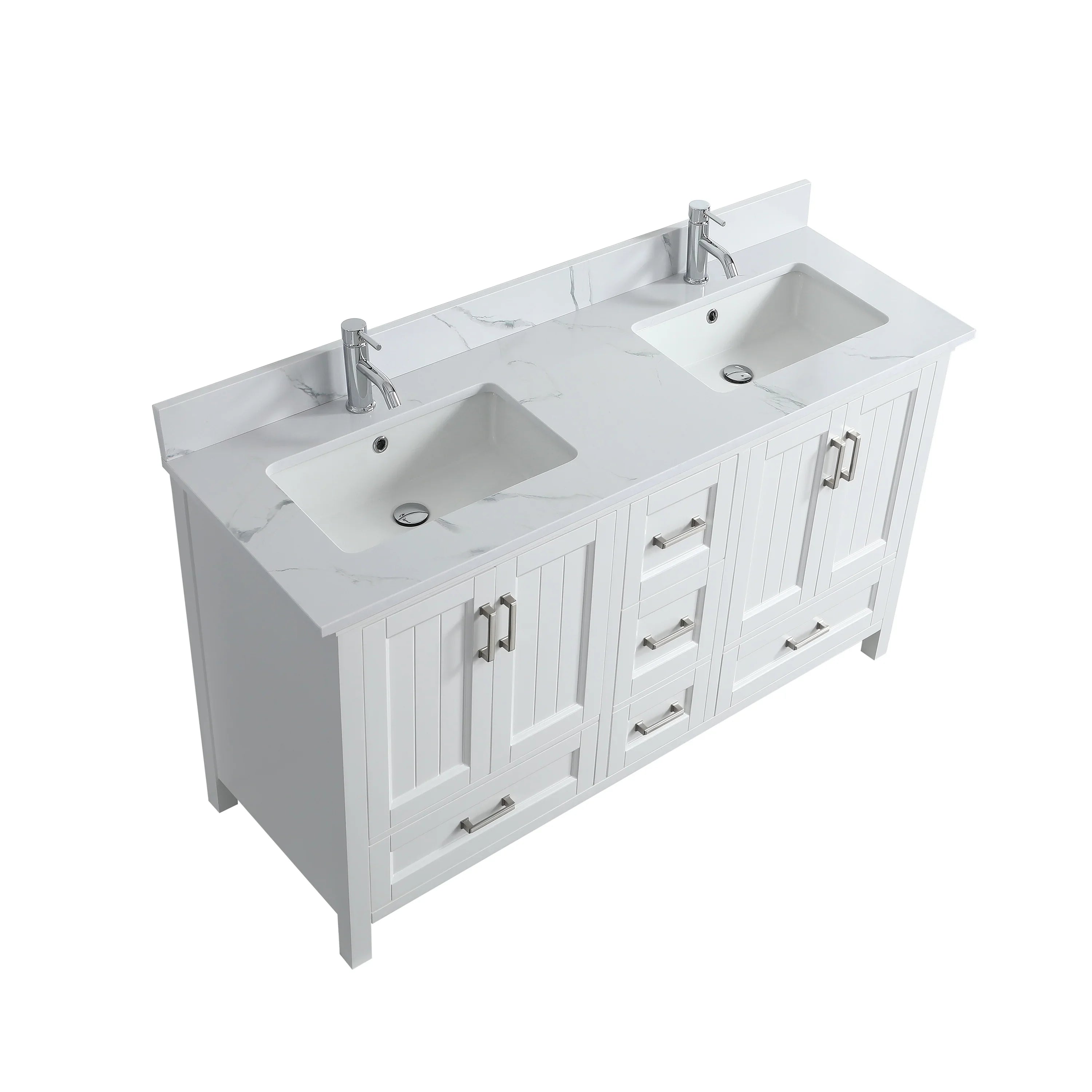 60" White Freestanding Double Sink Bathroom Vanity with Calcutta Marble Countertop