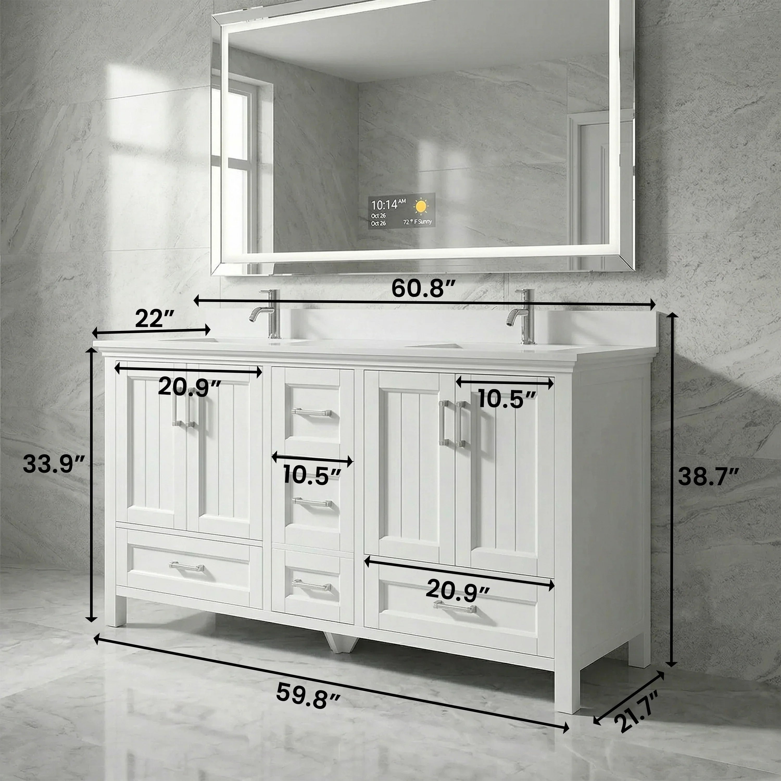 Meuble-Lavabo Double Autoportant 60po Blanc avec Comptoir en Marbre Reconstitué
