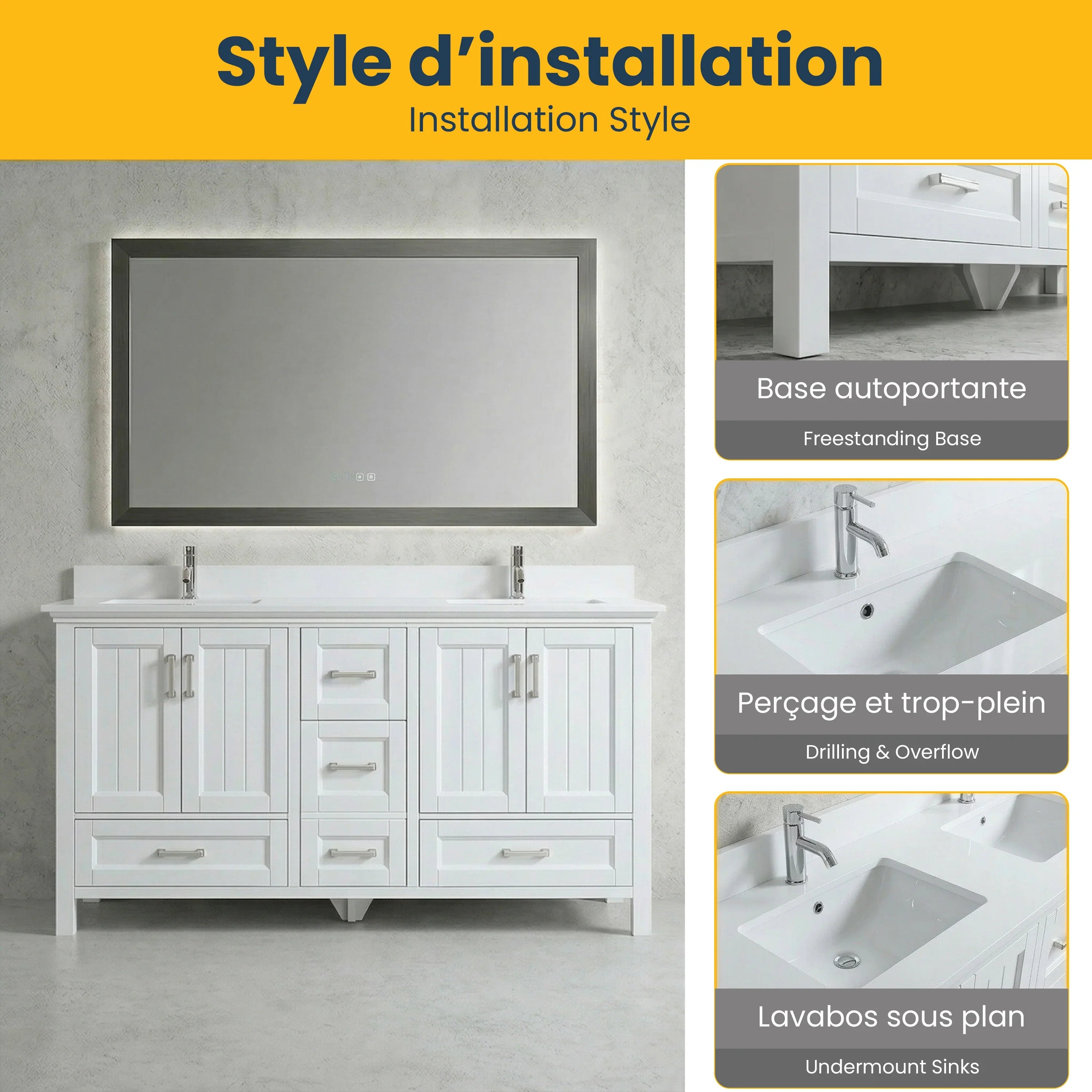 60" White Freestanding Double Sink Bathroom Vanity with Engineered Marble Countertop