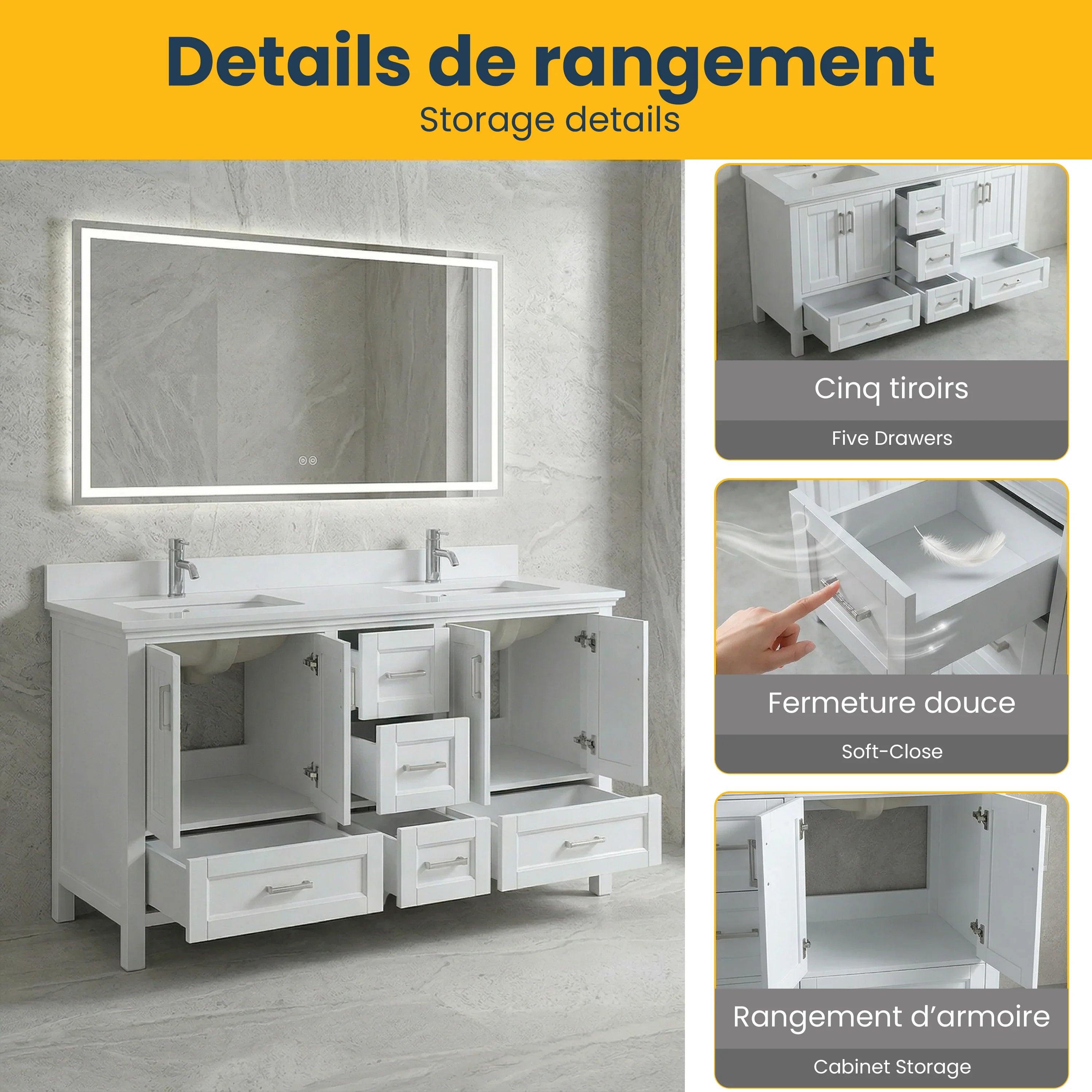 60" White Freestanding Double Sink Bathroom Vanity with Engineered Marble Countertop