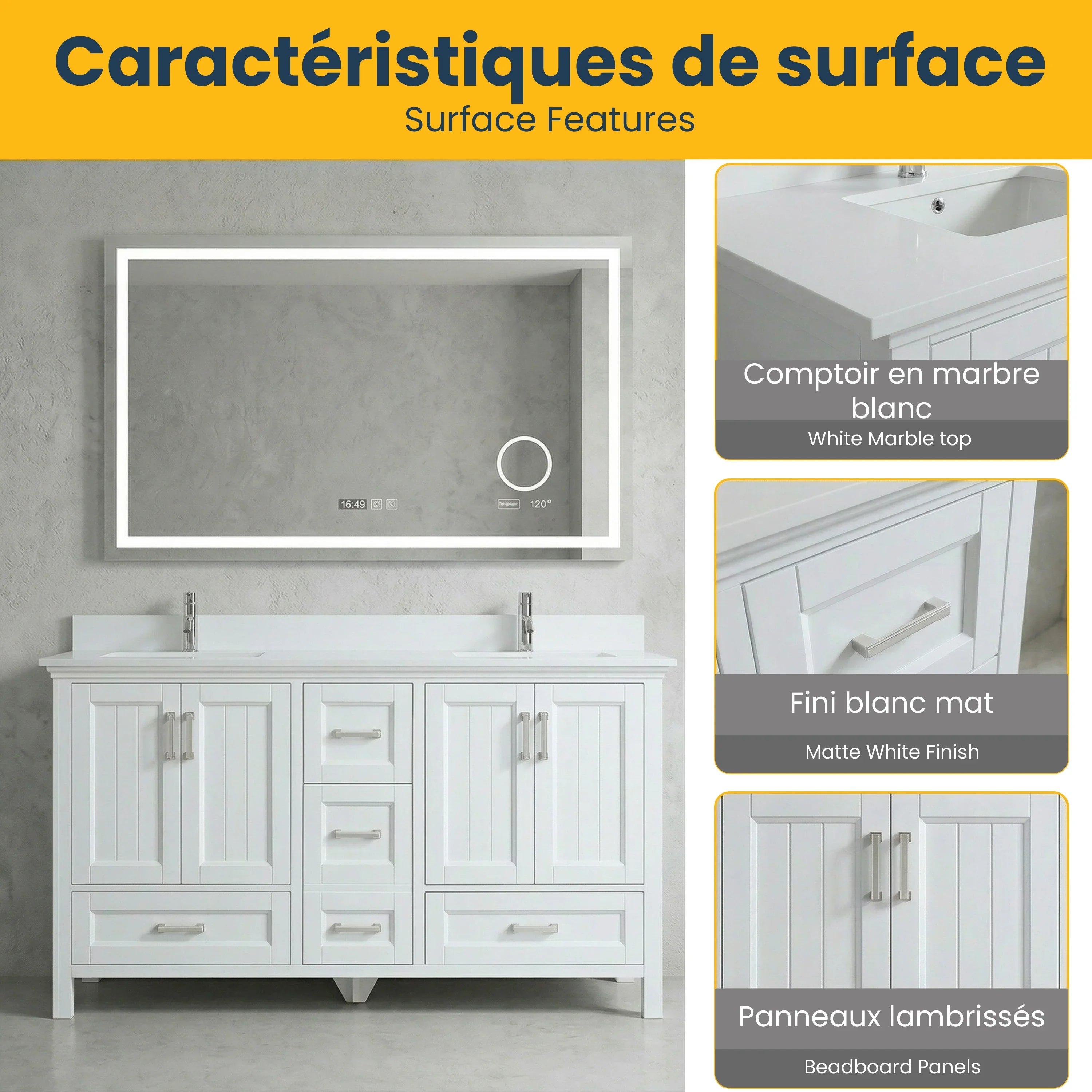 60" White Freestanding Double Sink Bathroom Vanity with Engineered Marble Countertop