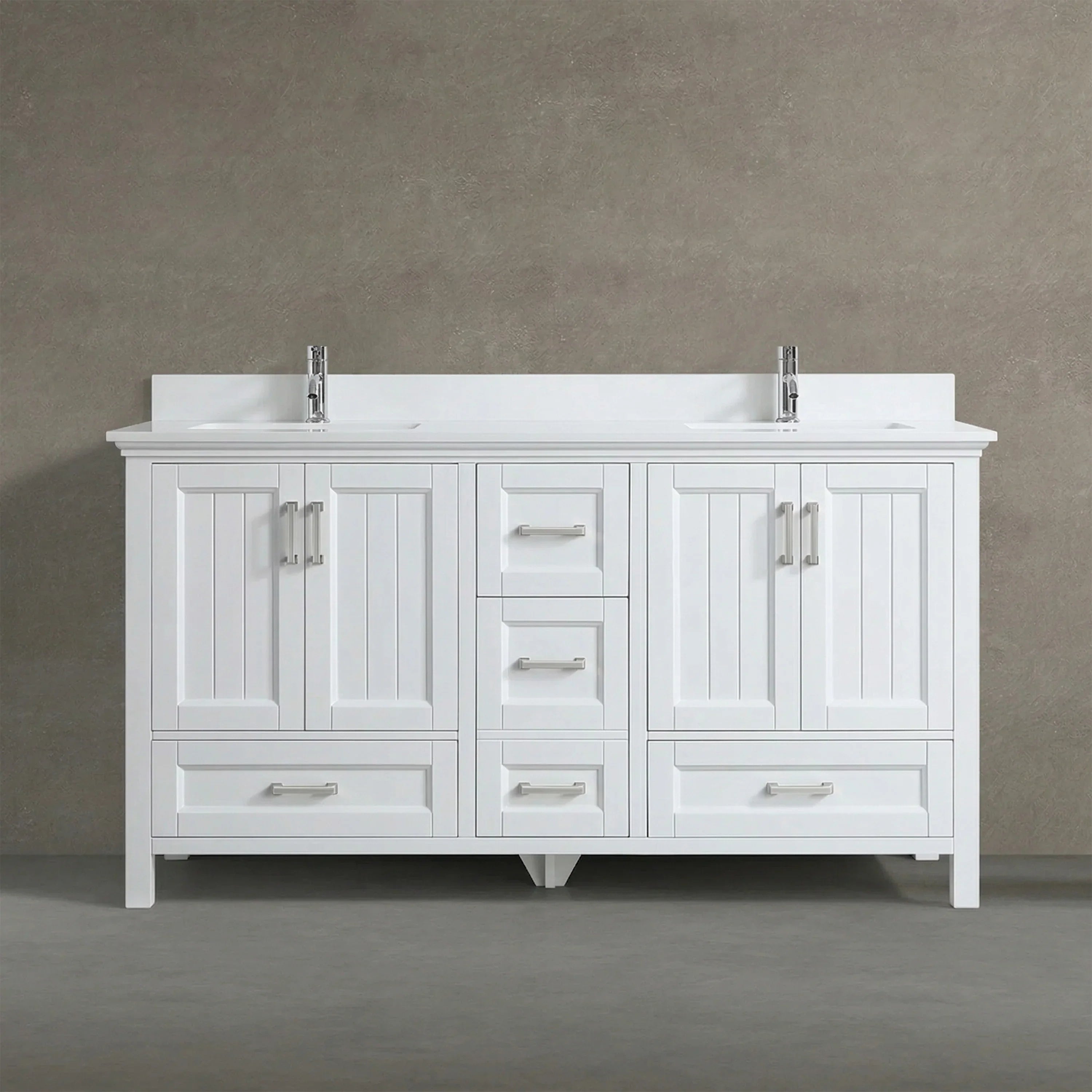 Meuble-Lavabo Double Autoportant 60po Blanc avec Comptoir en Marbre Reconstitué