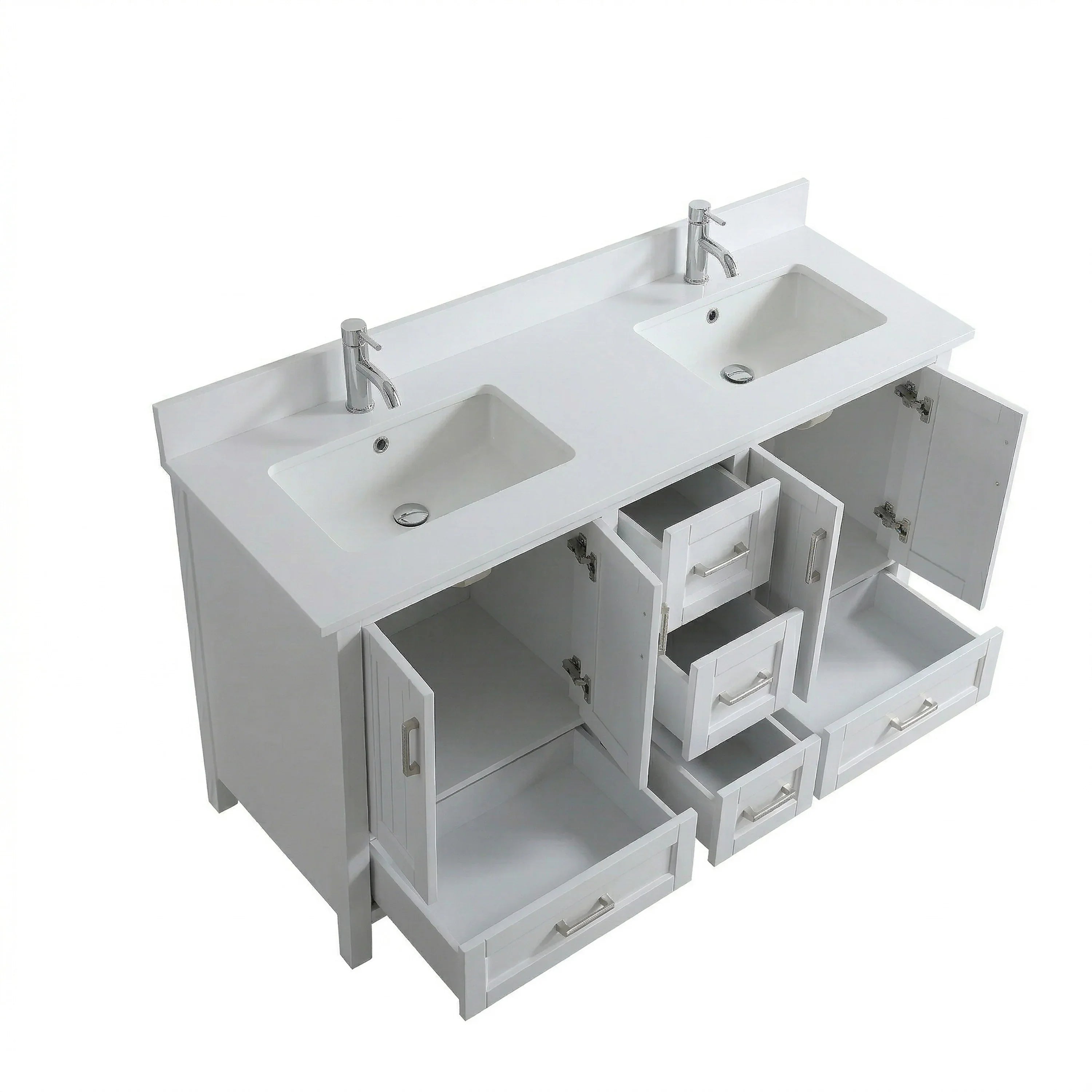 60" White Freestanding Double Sink Bathroom Vanity with Engineered Marble Countertop