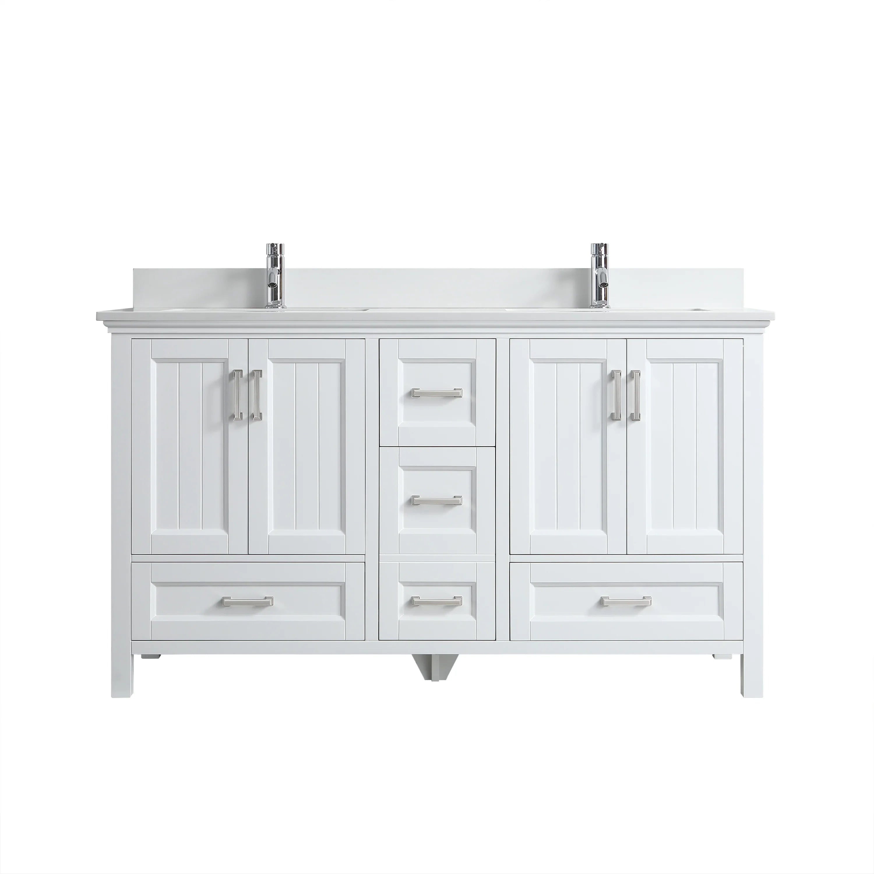 60" White Freestanding Double Sink Bathroom Vanity with White Quartz Countertop